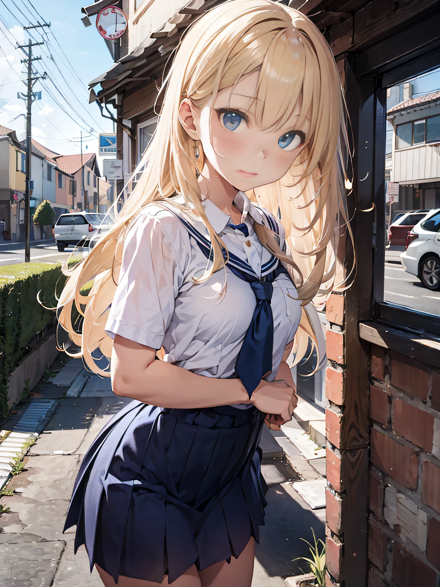 plein air、Swaying bangs、ultimate beauty girl、Care for bangs、hair care、Very beautiful 18 year old cute girl、a miniskirt、shiny white young beautiful skin、Sexy and very beautiful good looks、Very cute face with ultimate beauty、Super Long Bright Natural Platinum Blonde Hair、Smooth straight hair、Big blue eyes with radiant transparency、School Uniforms