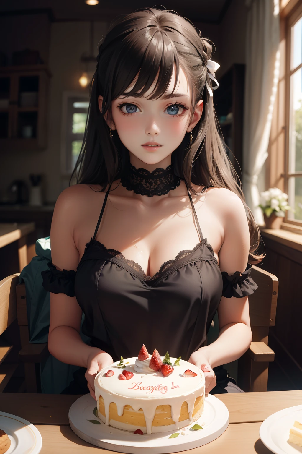 best、masutepiece、An ultra-high picture quality、realisitic、girl with、(Beauty Face 1.4)、(many delicacies on the table)(( beautiful woman eating a lot of food)), Solo, breasts, realisitic、Silky long hair, (Brown hair),