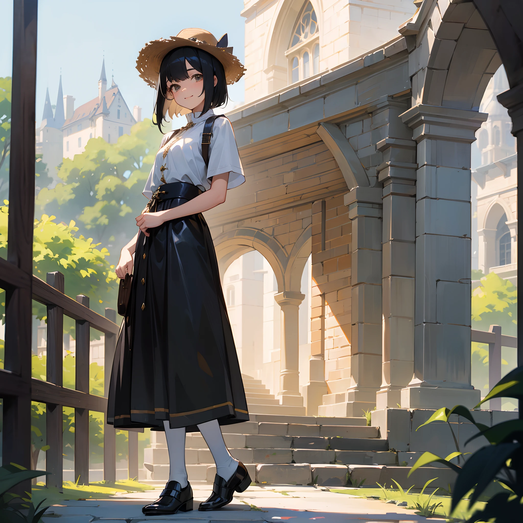 With the best image quality、 girl standing alone outdoors。In high resolution、Beautiful fine details、tranquil atmosphere。Black Hair Bob Hair、Cute smile。Medium chest、Medieval European national costume with short sleeves、Medieval European Streets、Leather shoes、a straw fedora hat。