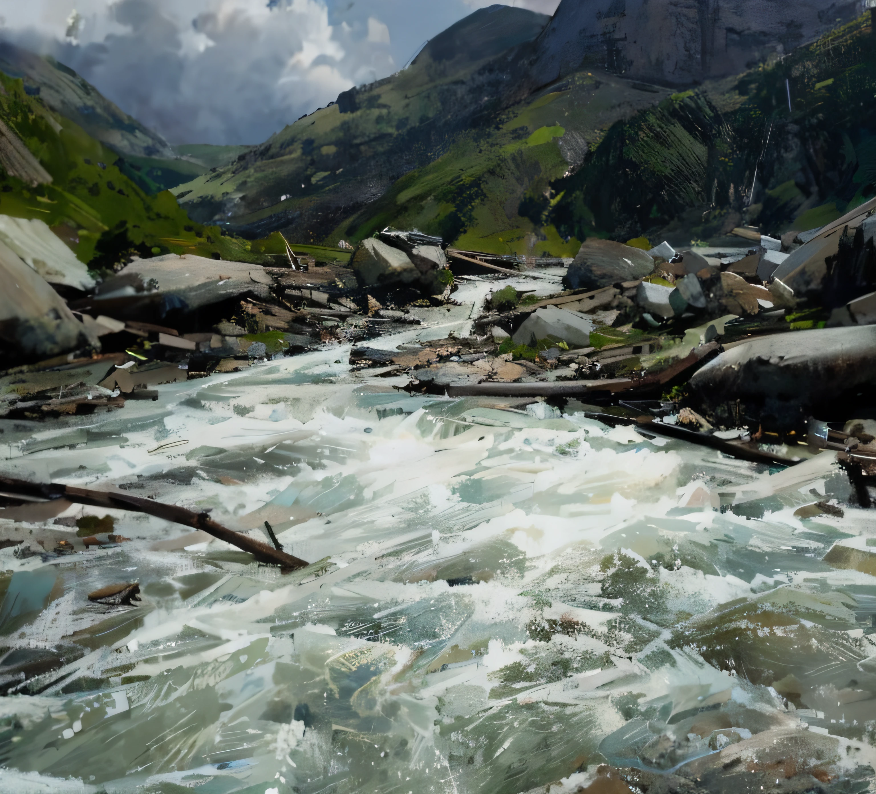 a turbulent river, dark and bad weather, cloudy, dangers and intense atmosphere, detailed, clear