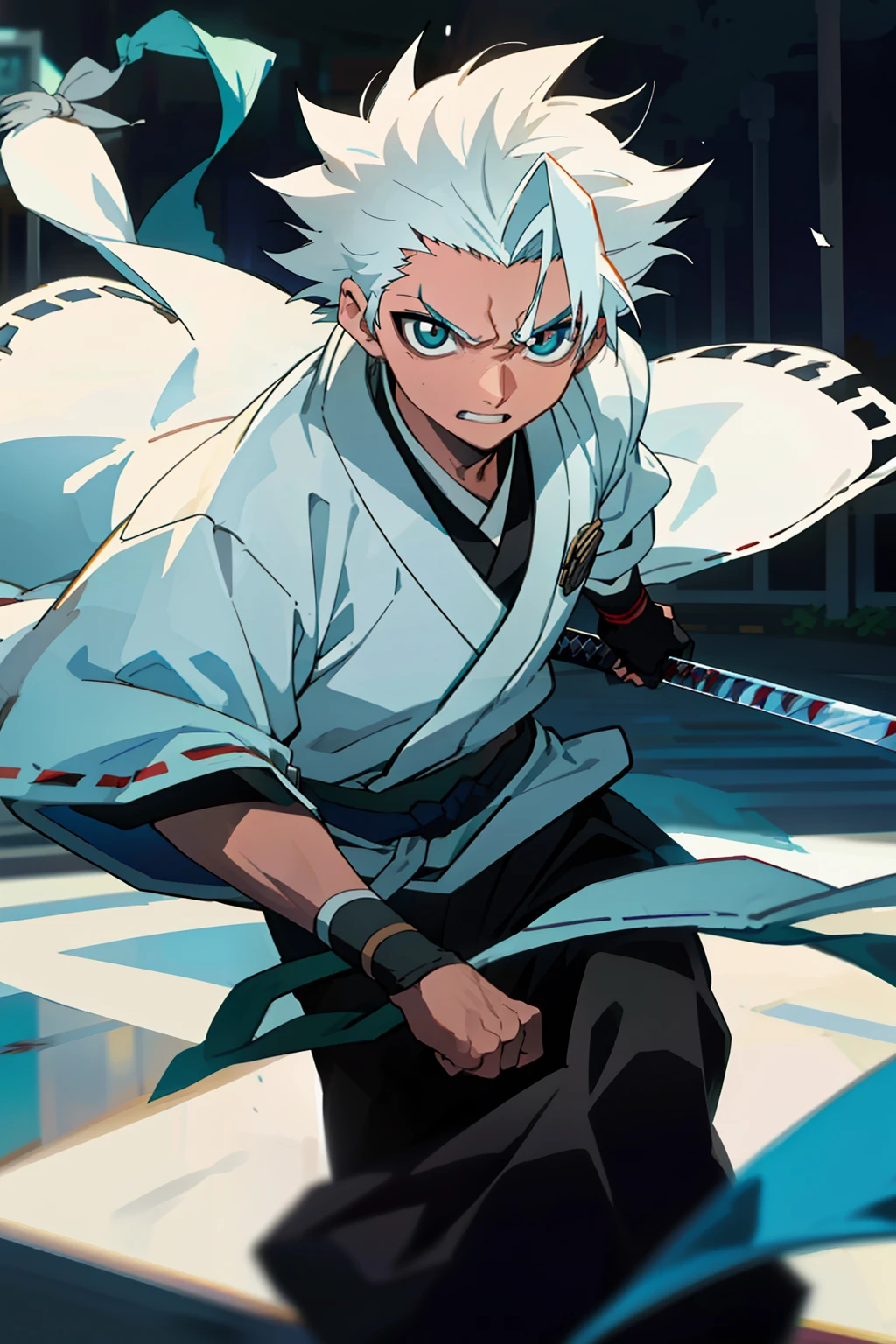 "tmasterpiece，best qualtiy，Libido boy，street japan，，Hinata Kushiro，Lack of light at night，White color hair，Show forehead，White samurai suit，Wrapped in blue ice，Sword in hand，Natural soft light，Fighting posture，bloodstained clothes，Damaged clothing，the street，Angry eyes，ssmile，looking to the front，malefocus，strong muscle，cinematic compositions，Bokeh"