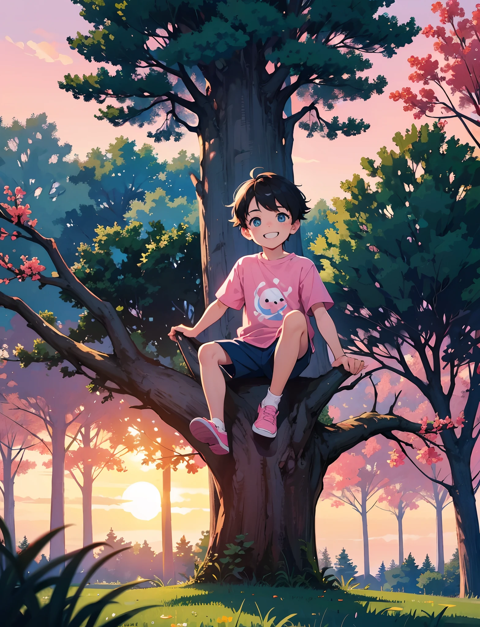 A painting of a girl sitting on a tree branch in the woods - SeaArt AI