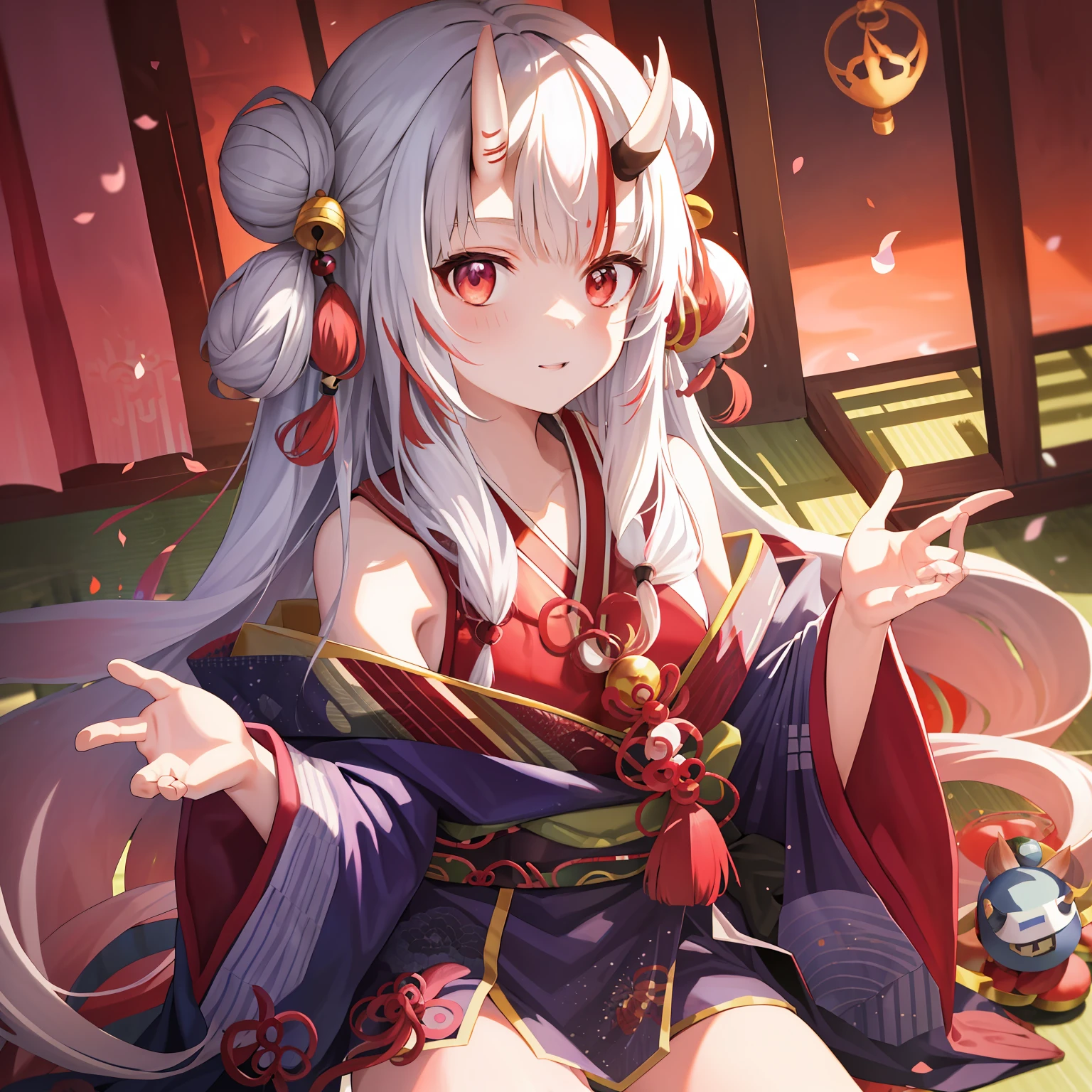 ((​masterpiece)), (Top image quality), 独奏, Hyakki Ayame, The long-haired, Double bun, Iris Base, Kimono, hair bell, a belt, White thighs, Plain shoulders, long-sleeve, onimous,Demon Horns , full body Esbian、shrines