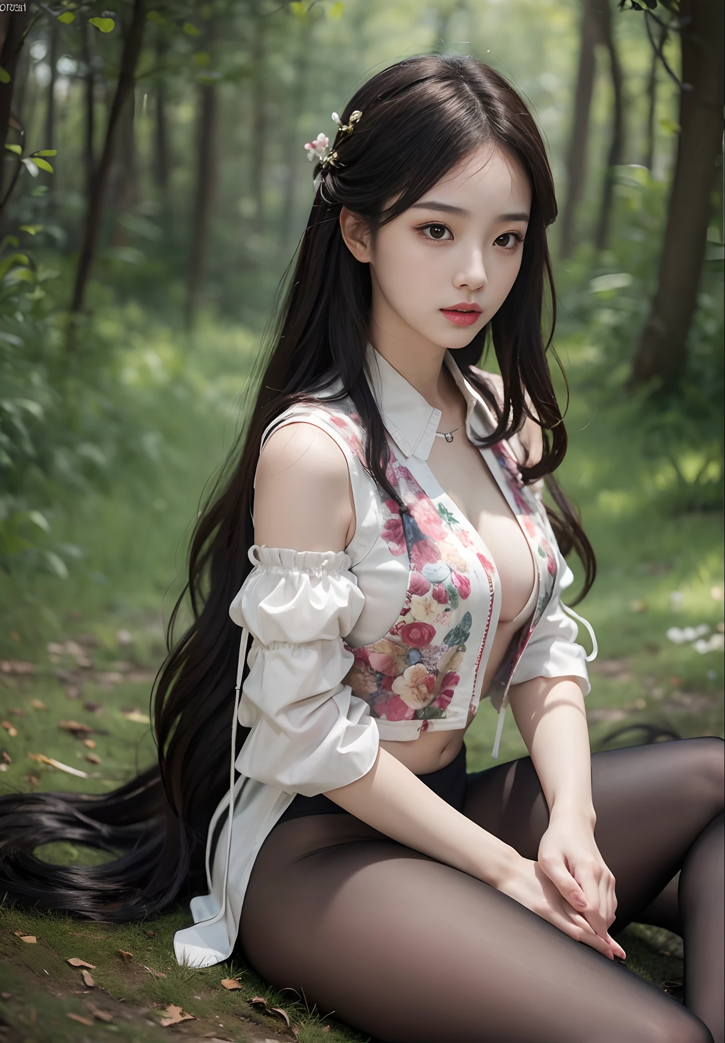 Best quality,Masterpiece,超高分辨率,(Photorealistic:1.4),(1girll:1.3),Outdoors,(Half body:1.5),1 girl,wavy and long hair,Open chest,full bodyesbian,Open chest,vests, Dusk