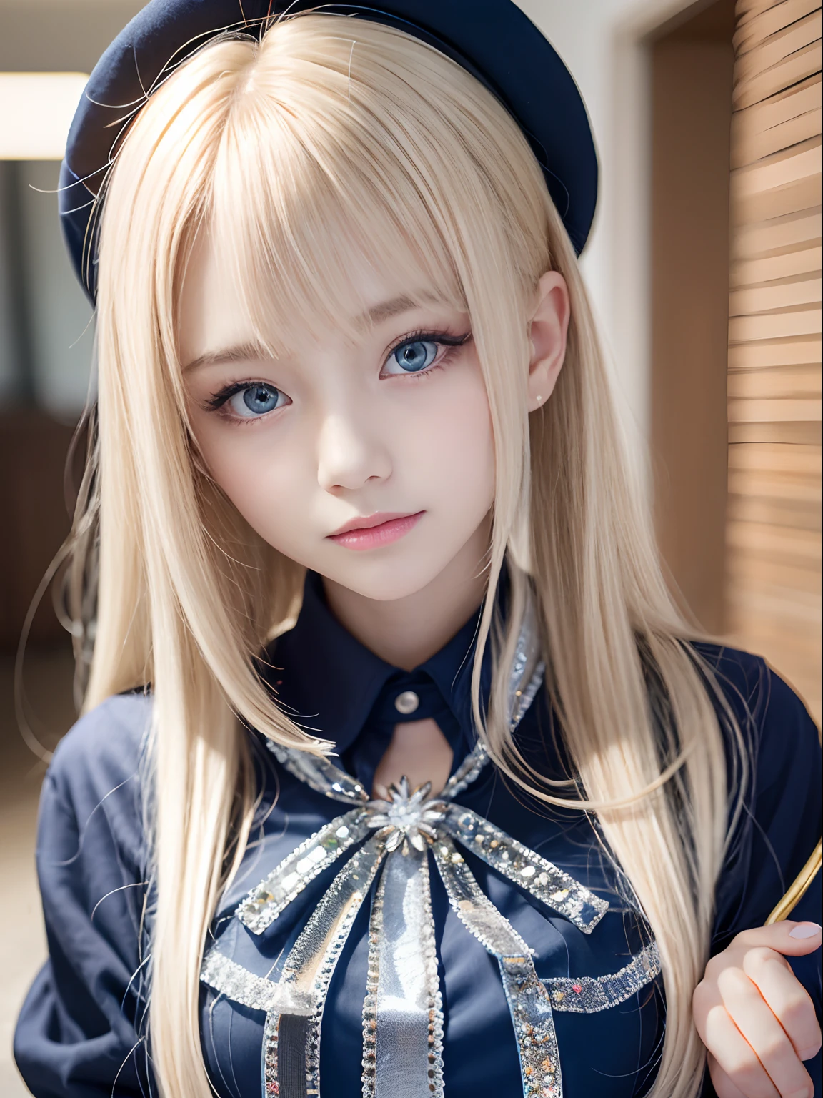 portlate、School Uniforms、bright expression、poneyTail、Young shiny shiny white shiny skin、Best Looks、Blonde reflected light、Platinum blonde hair with dazzling highlights、shiny light hair,、Super long silky straight hair、Beautiful bangs that shine、Glowing crystal clear attractive big blue eyes、Very beautiful nice cute girl、Lush bust