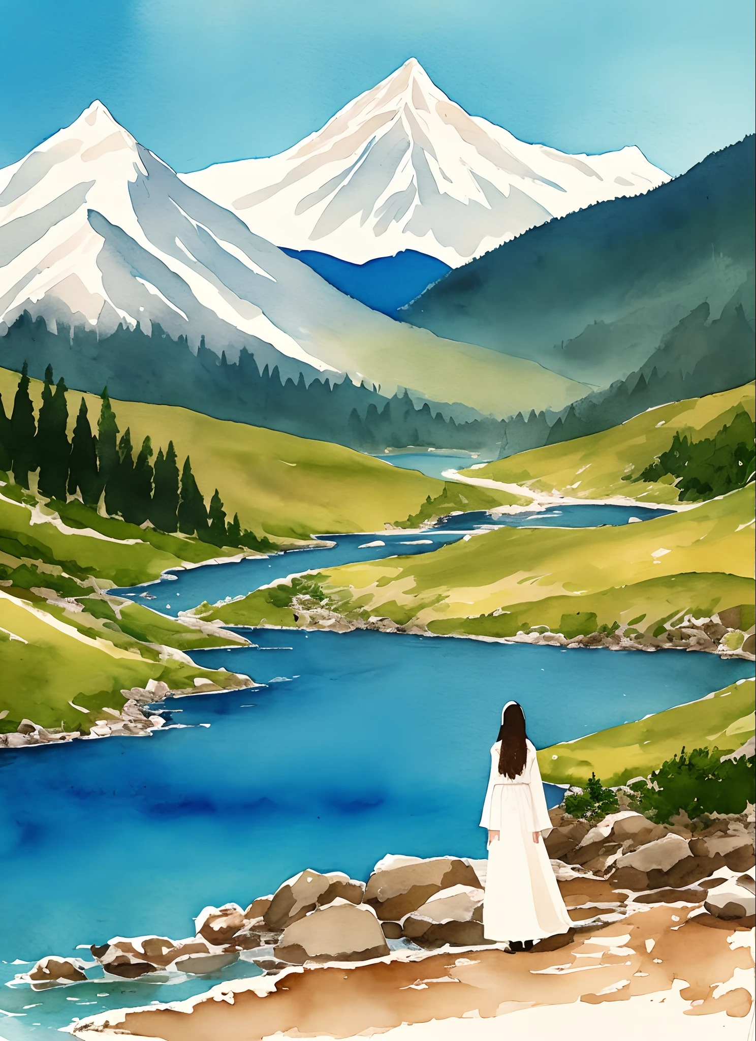 a beauty girl，ink and watercolor painting，mountain water