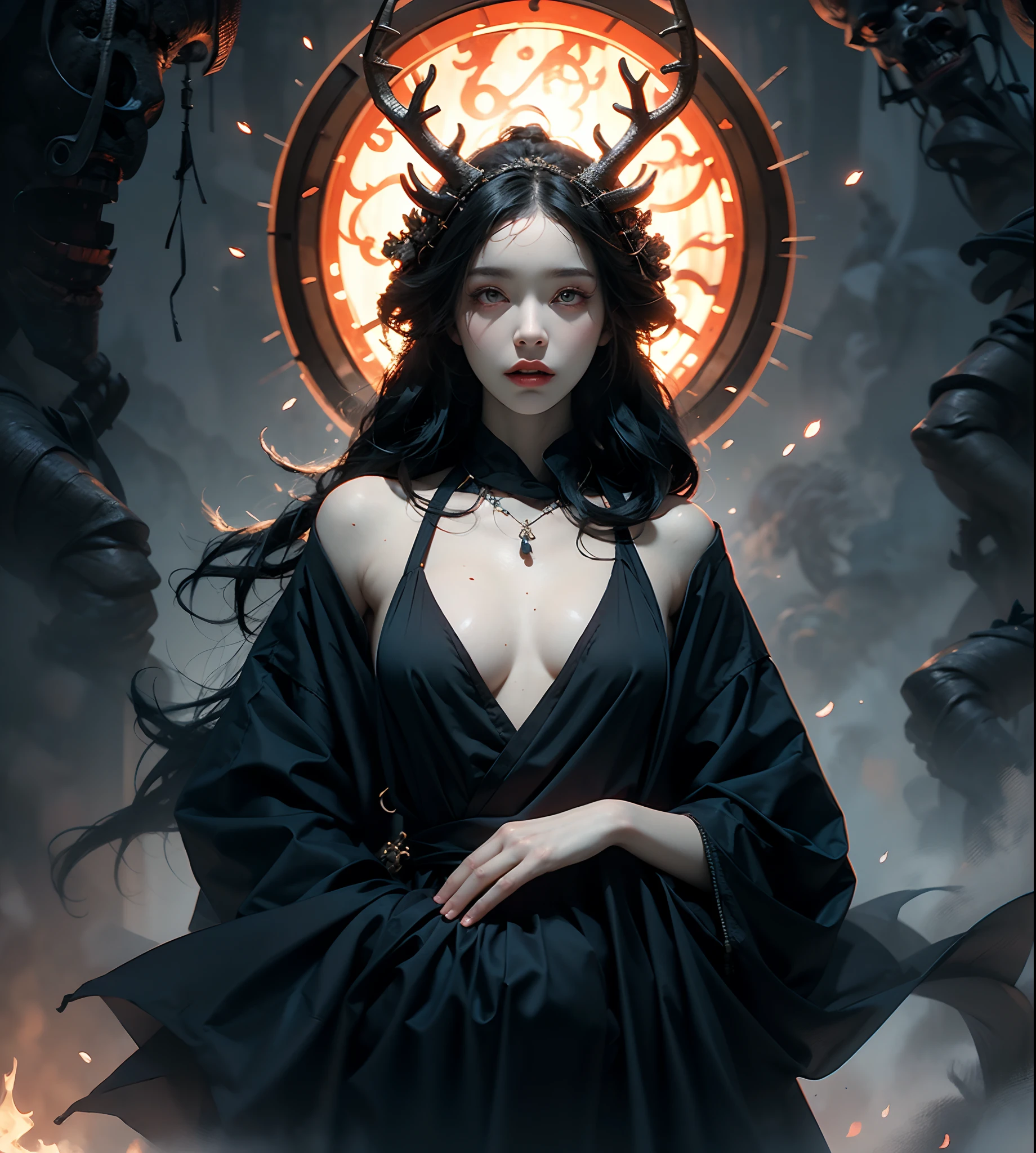 (Gray gloomy background, Dark Forest. Gloomy and hopeless, Dark dramatic lighting, vignette), Realistic eyes, beatiful face, 1A girl with a perfect body, Druid, with large deer antlers on the head, long straight hair, generous cleavage, cos, entwined with branches;, ((perfect anatomy)), Upper torso, (She is dressed in a robe with a hood on her head), glowing eyes, T-shirt design, A surge of dark magic, gotik, Burnt orange gradient, Magic, Nature, Magic Splash, 3D vector graphics, Fantasy art, watercolor effect, bokeh, Adobe Illustrator, hand-drawn, Digital Painting, soft-lighting, isometric style, retro aesthetics, 4k resolution, с Cinema 4D, natural lighting, Cinematic, Masterpiece, Highly detailed, Intricate, Extreme textures, Horror, terrific, Creepy, Scarimok a sense of sophistication and tranquility. Accentuate the low-poly style, The overall aesthetic should be sleek and stylish, which makes it suitable for branding and logo.