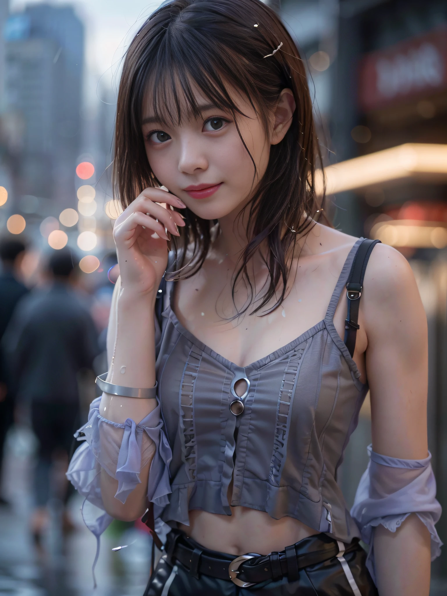 randome pose, mix4, (8K, Raw photo, Best Quality, masutepiece: 1.4), (Realistic, Photorealistic: 1.1), One girl, (Greasy face), ((Smile)), ( Wet hair), Cute, Cityscape, Rain, Professional Lighting, photon maping, Radio City, Physically Based Rendering, Gradient black hair, Deep V Neckline Lace Slip Dress, pale skin, top quality photo, hight resolution, 1080p, (Clear face), (Detailed face description), (Detailed hand description), (masutepiece), (Exquisite CG), extreme light and shadows, disheveled hair, master work, Rich details, (Fine facial features), (top quality photo), (masutepiece), (Detailed eyes), look in front of you eyes, Fine clavicle,