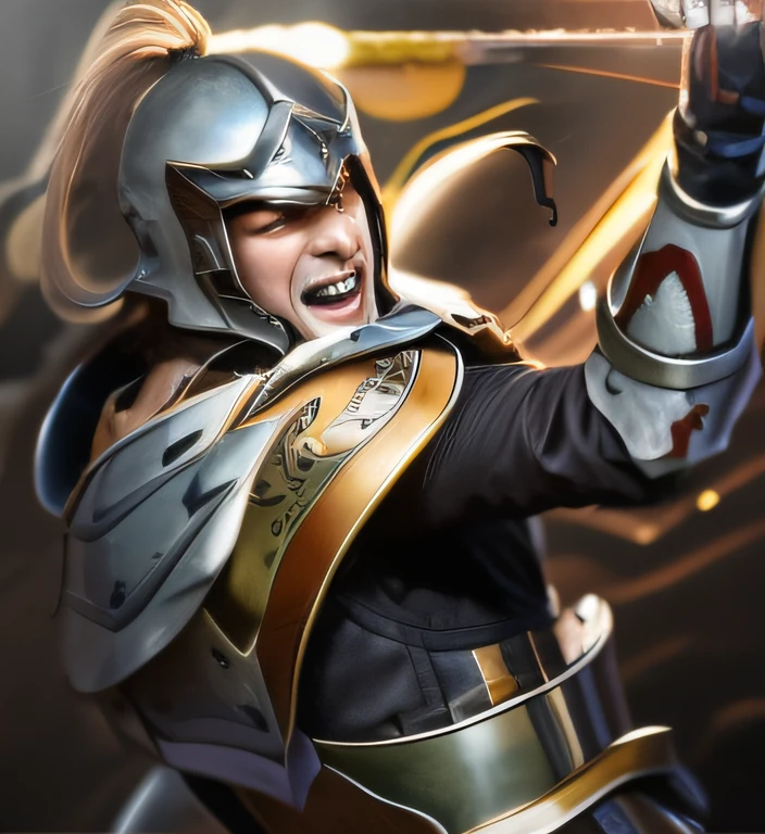 A man in armor and helmet with a sword is gritting his teeth