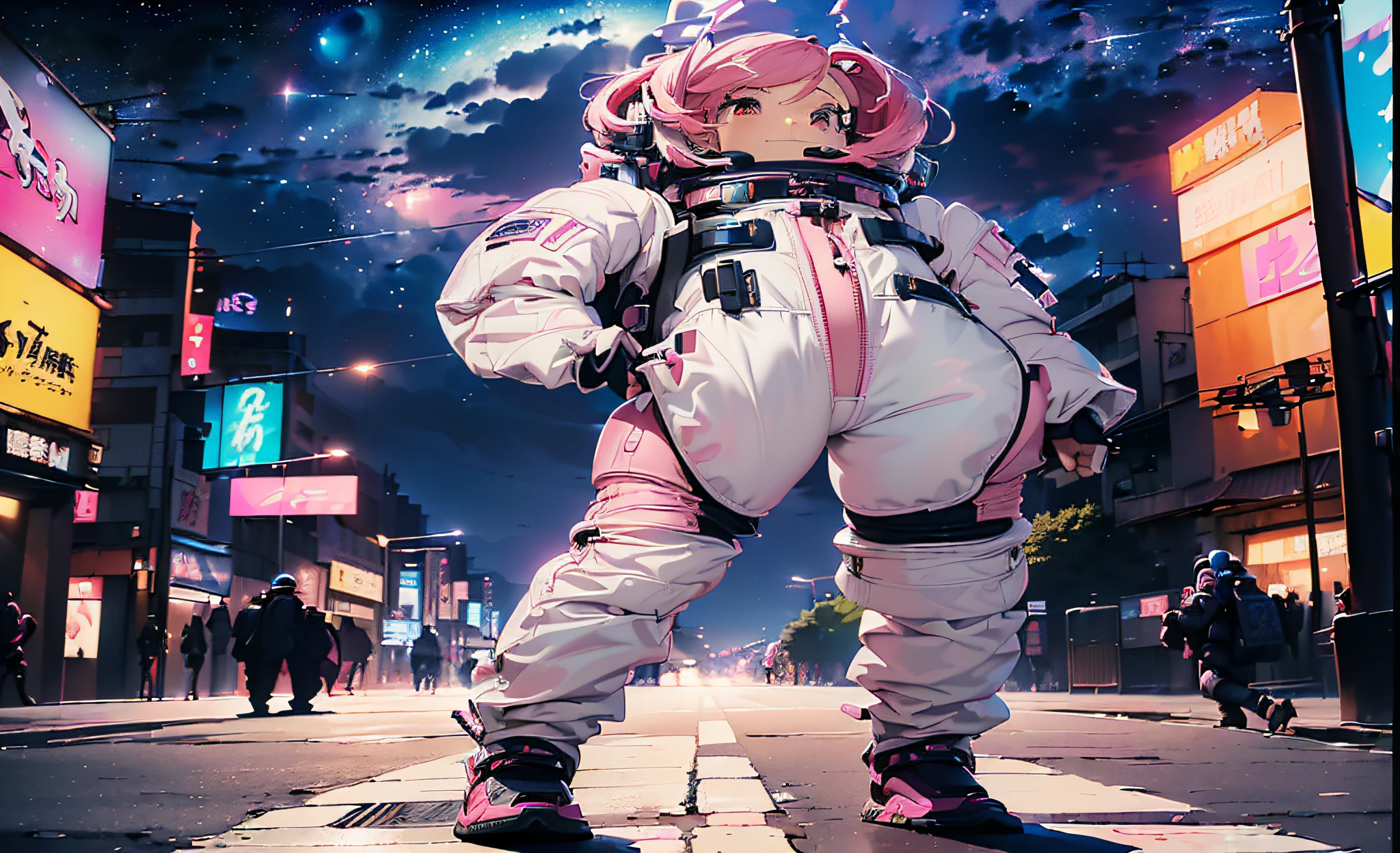 (street snap:2)(((masutepiece))),((ultra-detailliert,Best Quality, hight resolution, 8K Wallpaper, Beautiful clothes,)),(1 girl)((Pink hair,.Wearing protective clothing。muffler、fullface、trouser、space suits、helmets、sexypose、Scenery of Harajuku、Re-modified to image size