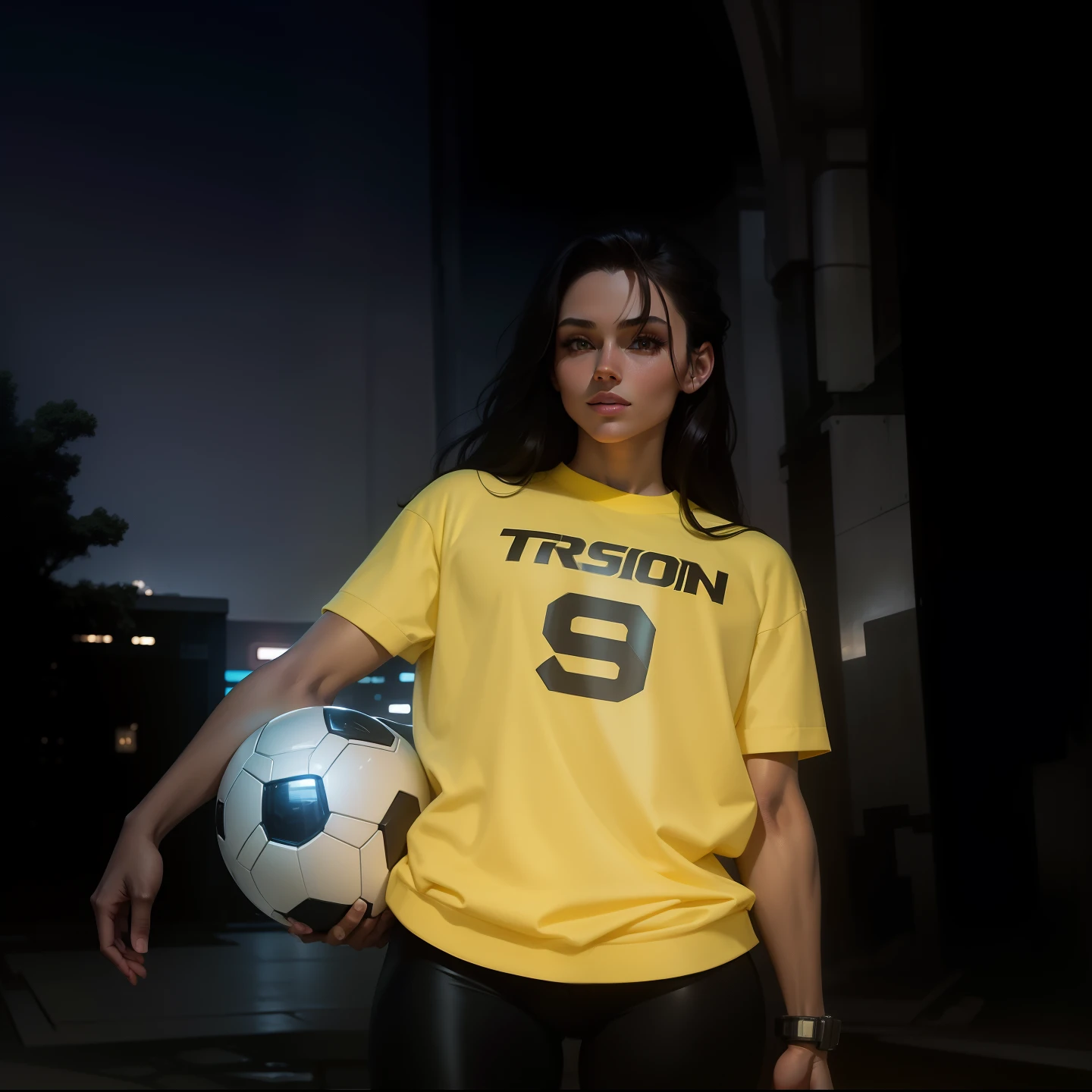 tron, masterpiece, highest quality, official art, beautiful and aesthetic: 1.2), very detailed, realism, mature seductive look, football player, sexy, 1 girl only, slim waist, masterpiece, best quality, highly quality ,ultra high res , black leggings, lab gown, brown hair standing hand on knees whole body cute smile
