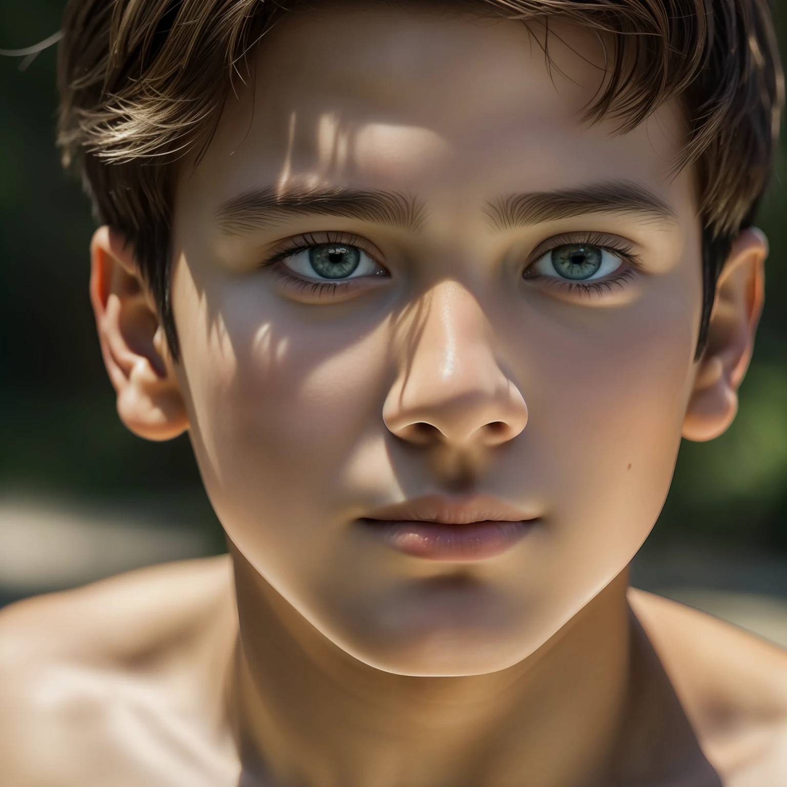 A 12-year-old boy, white skin, light brown hair, blue eyes, fine features, no shirt, blue swimsuit, in a river on a stone