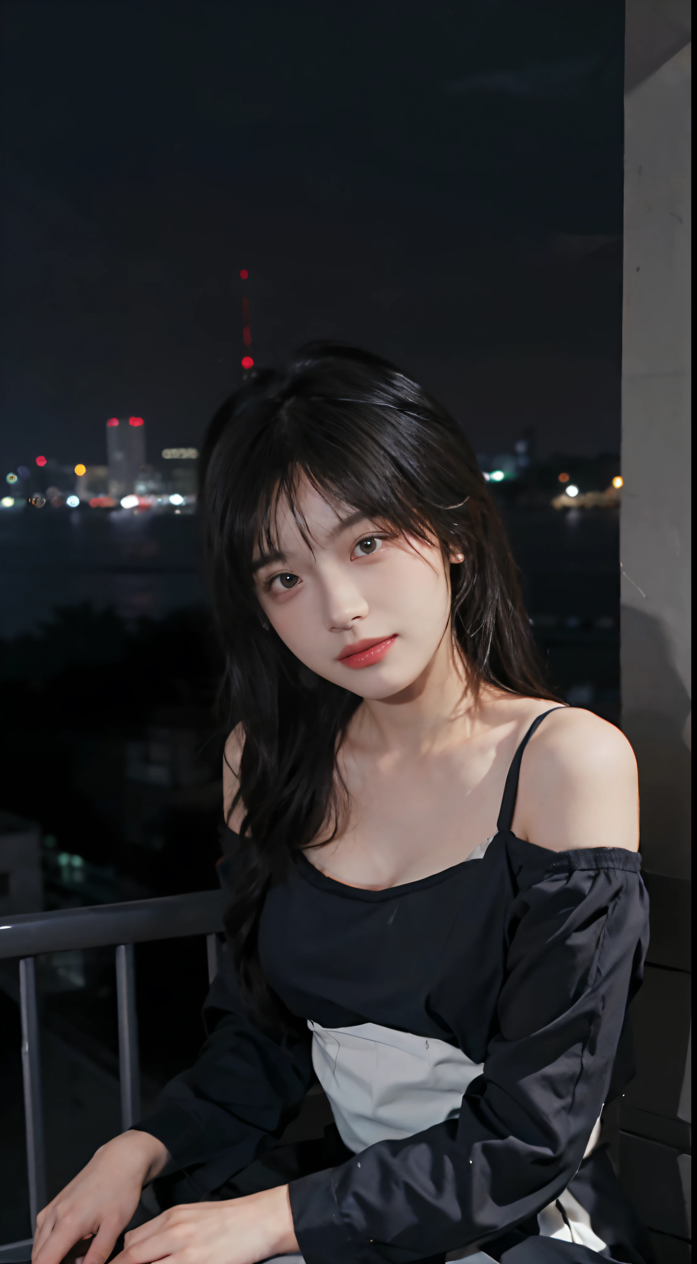 best qualtiy， 超高分辨率，8K，Royal Sister，Beautuful Women， looking at viewert， closeup cleavage，self-shot，The upper part of the body，the maid outfit，cropped shoulders，on a balcony，sitted，nighttime scene