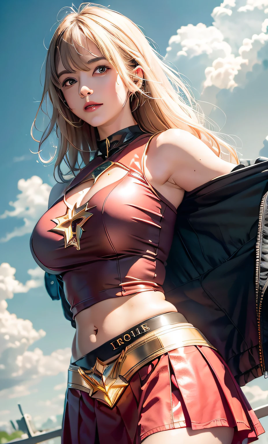 Power Girl da DC Comics,(best qualityer,4K,8k,high resolution,work of art:1.2)(weather: windy),battle ruins,Greece,long hair,ultra detailed,realisitic,portraite,beautiful detailed blue eyes,beautiful detailed lips,extremely detailed eye and face, long eyelashes,sexly,average,large breasts,cleavage,flying hair,gloves,beaming smile,powerful girl in a battle,combat stance,stunning curves,bright coloured,dramatic lighting,battle background,composition,red cape,