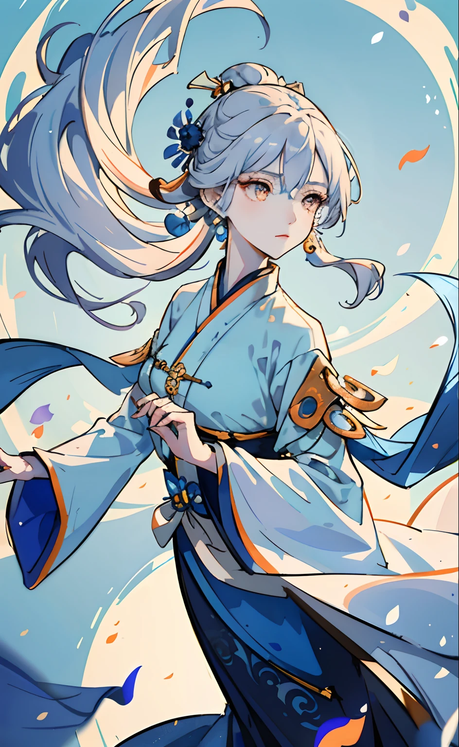 Mature girl, orange eyes, blue-white hair color, floating hair, delicate and flexible eyes, intricate damask hanfu, gorgeous accessories, wearing pearl earrings, fov, f/1.8, masterpiece, ancient Chinese architecture, blue sky, flower petals flying, front portrait shot, Chang'e, side lighting, sunlight on people, 8K
