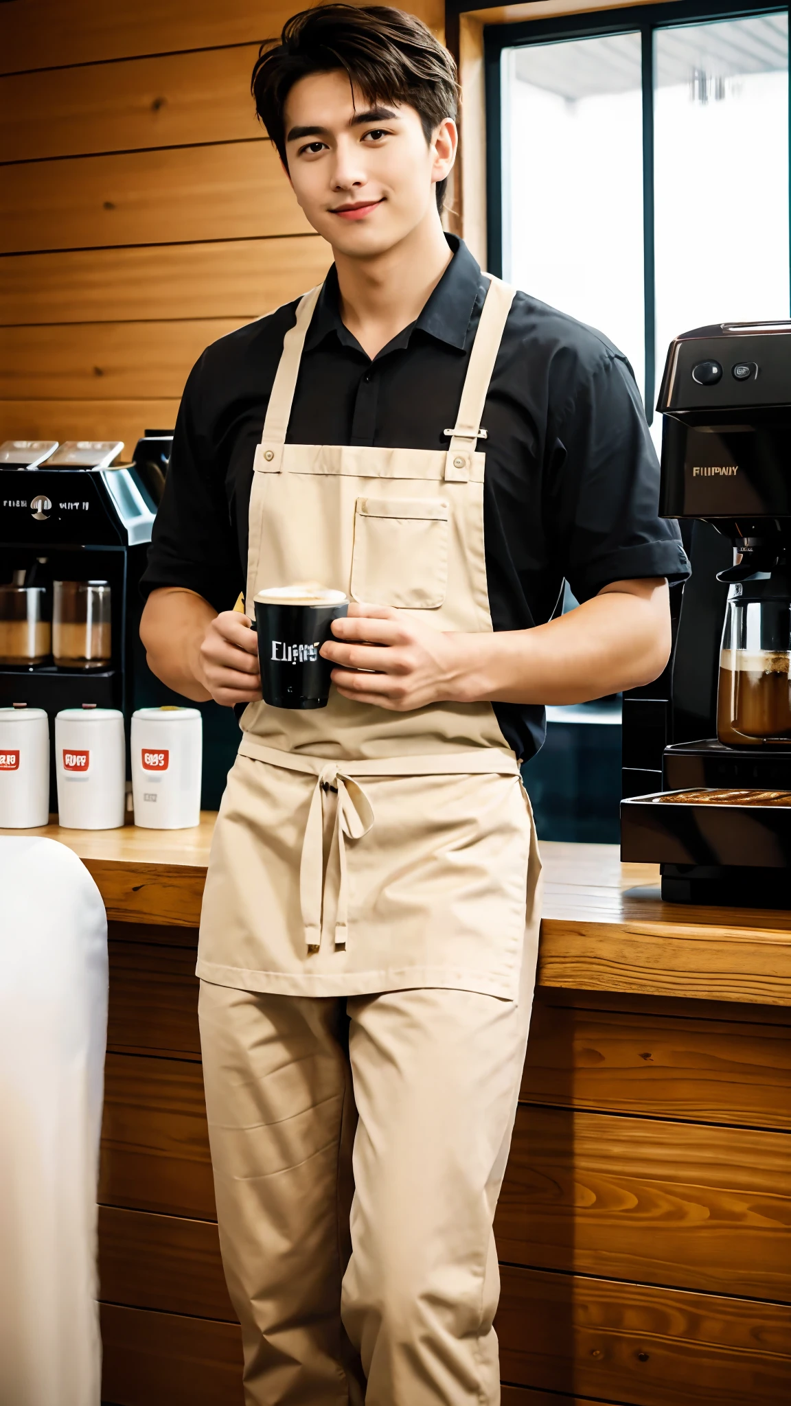 1人,A 20-year-old man in a café,Barista,Coffee is being made,Facial hair,Light brown apron,Brown bandana,Sit Pose,leg apart,whitet-shirt,short white pants,Slender figure,Handsome,full bodyesbian,Exposing thighs,Expose calves,Thick leg hair,Large bulge at the crotch,leg apart,pervert smirk,janelas,rays of sunshine,Plenty of ground coffee and cups,Huge coffee machine,Coffee packaging box,In a dark café,gentlesoftlighting,tmasterpiece,best qualtiy,8K UHD,digital SLR camera,filmgrain,Fujifilm XT3 Realistic painting art,Written by Midjourney and Greg Rutkowski