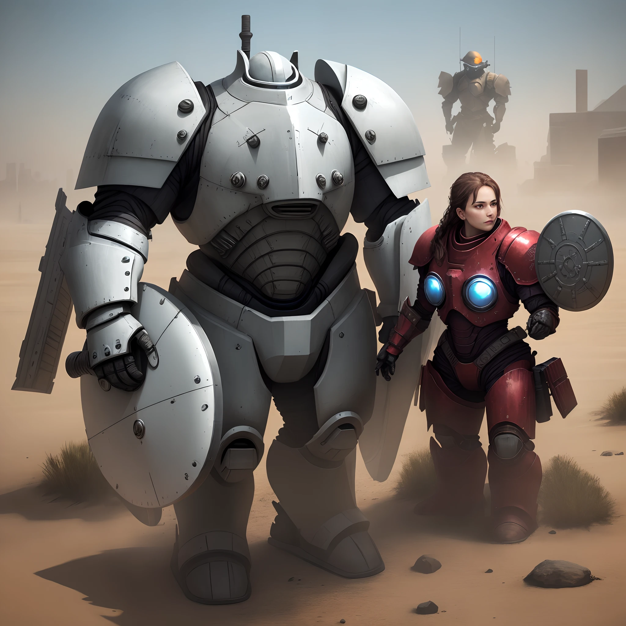 power armour，guard，Big shield，Women behind them