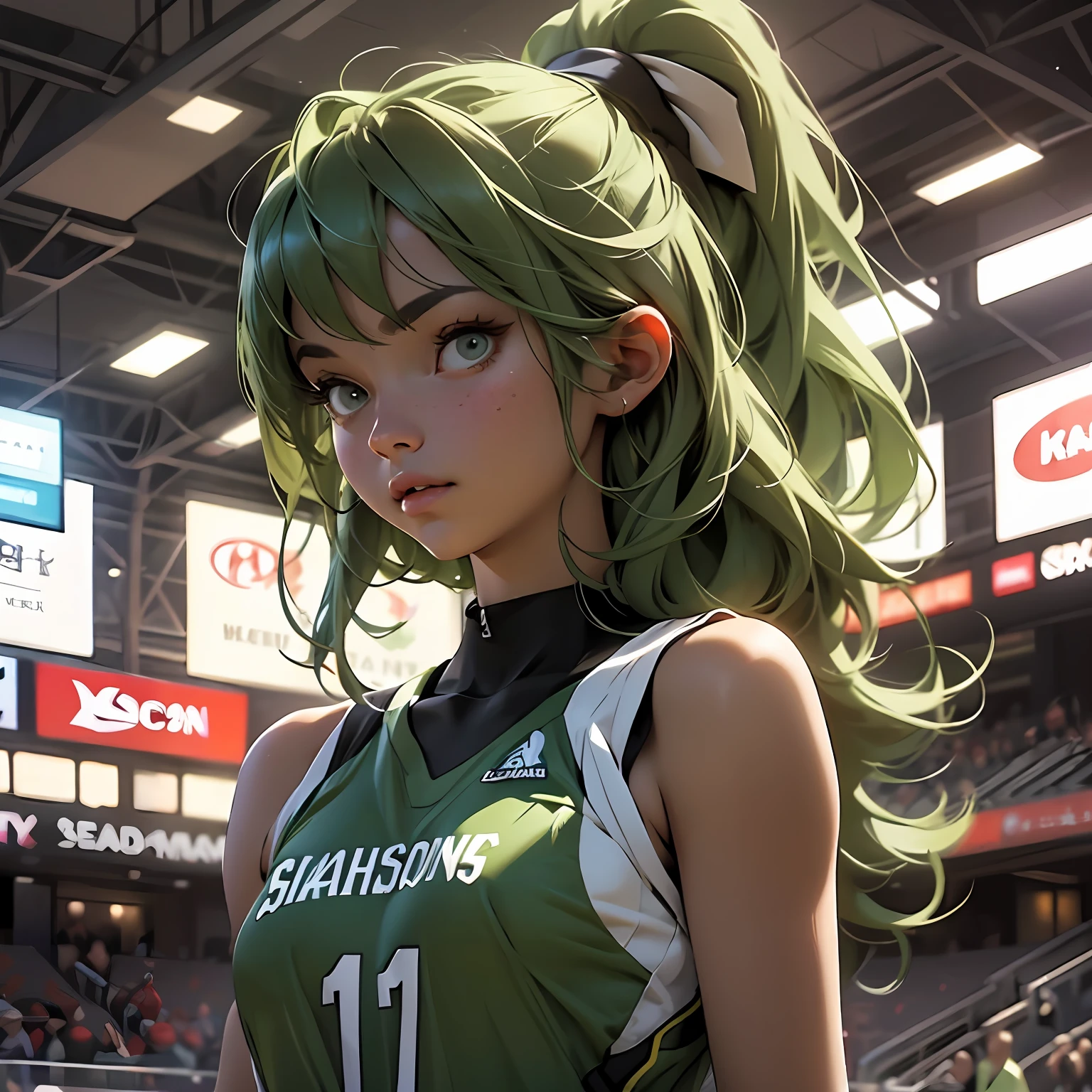 masterpiece,a realistic beautiful girl basketballwear,green hair,Madison square centre