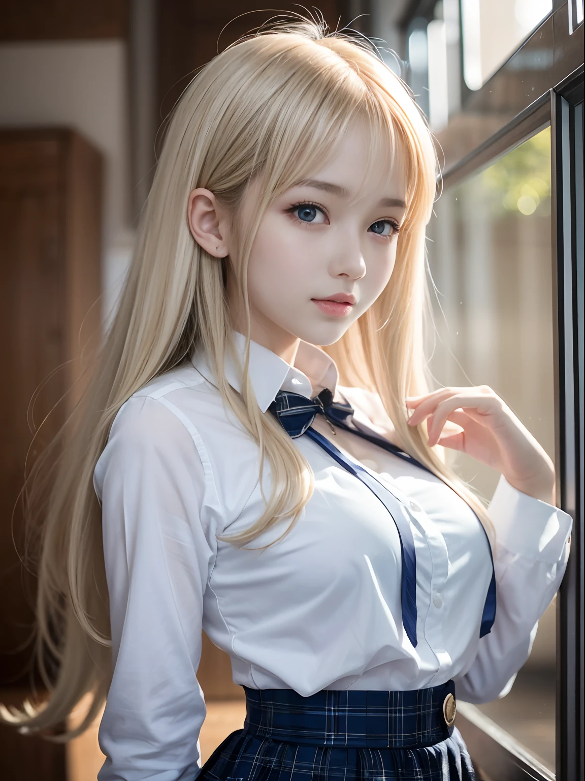 portlate、School Uniforms、bright expression、Young shiny shiny white shiny skin、Best Looks、Blonde reflected light、Platinum blonde hair with dazzling highlights、shiny light hair,、Super long silky straight hair、Beautiful bangs that shine、Glowing crystal clear attractive big blue eyes、Very beautiful nice cute 16 year old girl、Lush bust、