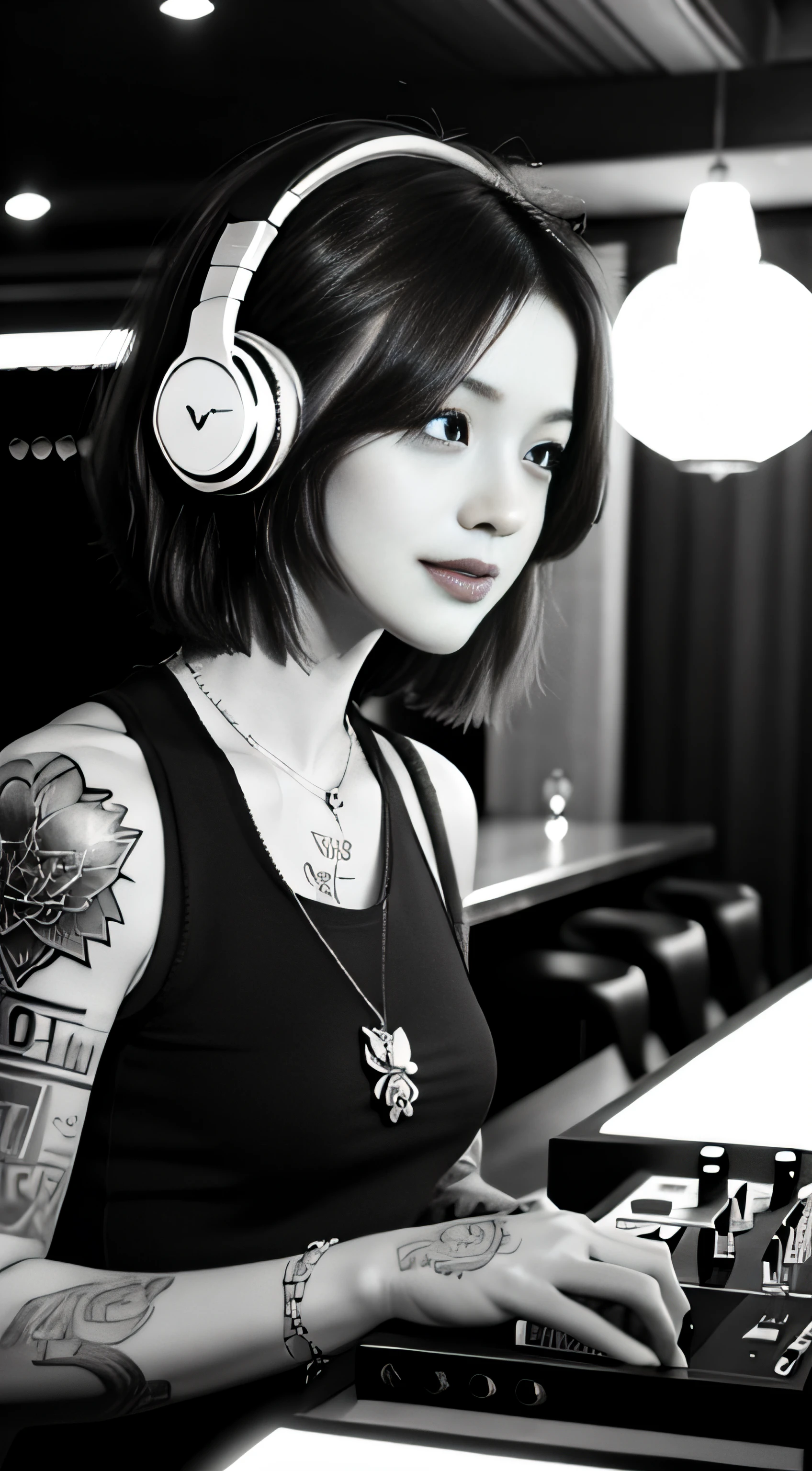Best quality, Masterpiece, Ultra High resolution, (fidelity :1.4), (B&W:1.3), Professional, photography, color photography, 1 girl, Disco bar, girl with headphones, DJing in bar, upper body, female DJ, Looking at the crowd, DJ, DJ machine, DJ machine, Stage light, (buzz cut:1.1), (Tattoo :1.1), Happy, dynamic, Gucci, Versace, cool, necklace, view
