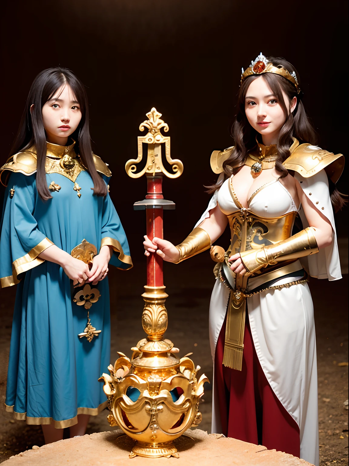 (masutepiece), Professional , masterpiece、top-quality、photos realistic , depth of fields (Gemstone Silver Metal Body:1.9),Background inside the castle、(Matte Blue、Jewel Gold Weapon(Jewel Metal Body:1.4),Young 20 year old girl、(Gorgeous metal weapons) , With the Sword of the Brave, Beautiful knife ,warhammer 40k , adepta sororitas,(Brown hair),Detail and ornate jewel crown、Golden hair、Gangle's forest background、Beautiful Caucasian beauty、1a person、dynamic ungle,((()))、Smaller head、A smile、Powerful poses、Background inside the castle、Thin and beautiful female hands、Old ancient ruins、A smile、cleavage of the breast、(Light effects from weapons)、