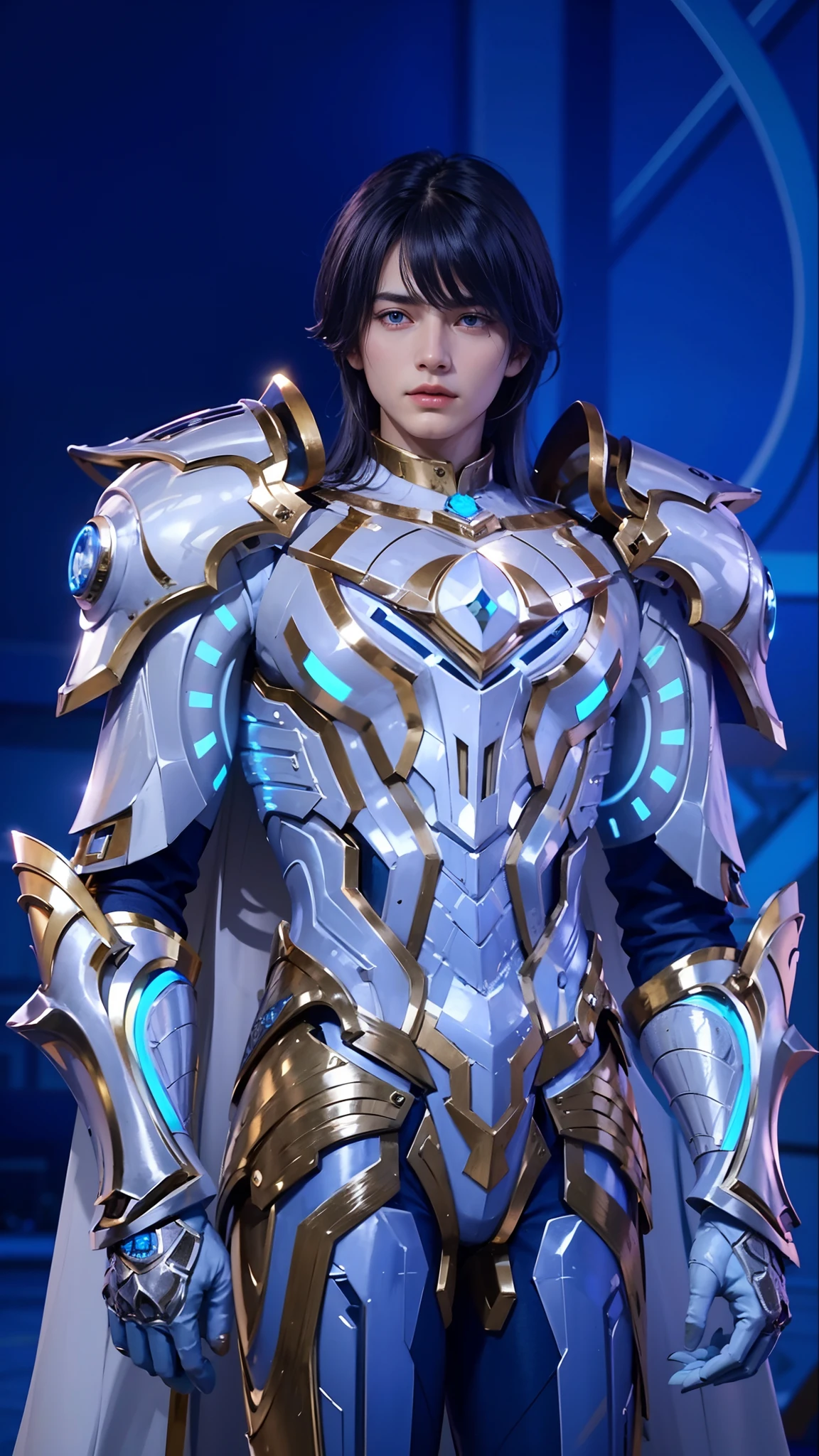 handsome boy, blue eyes, long hair, best quality, photo, 4k,looking at viewer,full body,wear platinum armor,