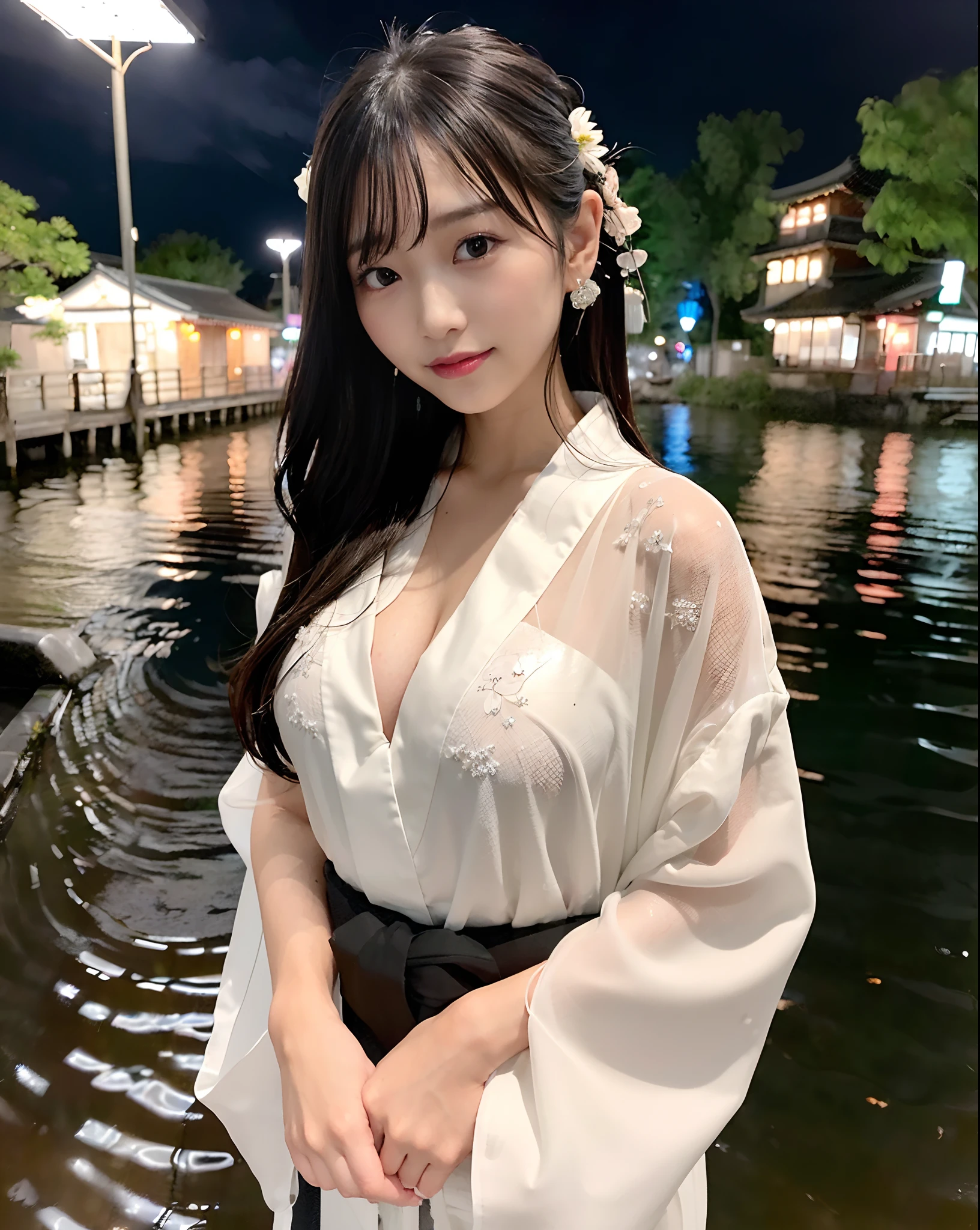 (Raw photo, Insanely detailed, High resolution, Best Quality), one Japanese girl, (Very small hands:1.5, very thin fingers:1.5),
(Photo of the head and perineum:1.5), (Shot perineum, Low position:1.2, low angle shot, front-facing view),
(Normal udder, cleavage of the breast:1.5),
(Detailed skin, Shiny skin), (Detailed face, Detailed eyes, Shining eyes, Glossy lips),
(Cinematic lighting),(Smiling sadly)、
Rainy night in Edo,The moon is shining through the clouds,
Girl in elegant yukata、Stand on a stone bridge across a wide river.
she doesn’t have an umbrella, And her hair and clothes are wet in the rain.
She is looking at the surface of the water with a sad expression。
On both sides of the river, appearance々It is lined with buildings that house shops..
The building is made of wood、There are paper windows and a straw roof.
Some of them are、Signs and lanterns hang outside, View a name or area of expertise.
The only sound is rain, a river, And the wind.
(Everything is pure and transparent),
(Elegant yukata:1.5, Soft and delicate fabric, The curvaceous beauty of her body drawn on a yukata:1.5),
(Rain at night:1.5, Walking without an umbrella:1.5, Coloring the city while being one with nature),
Hair that shines even more when wet in the rain,
(Water droplets dripping from the tips of the hair, Shimmering water droplets like jewels),
(Soft light from street lamps, Particles of light dancing in the air), She's a night fairy, Her reflection in a puddle on the street,Her poetic beauty, Shine as part of the city.