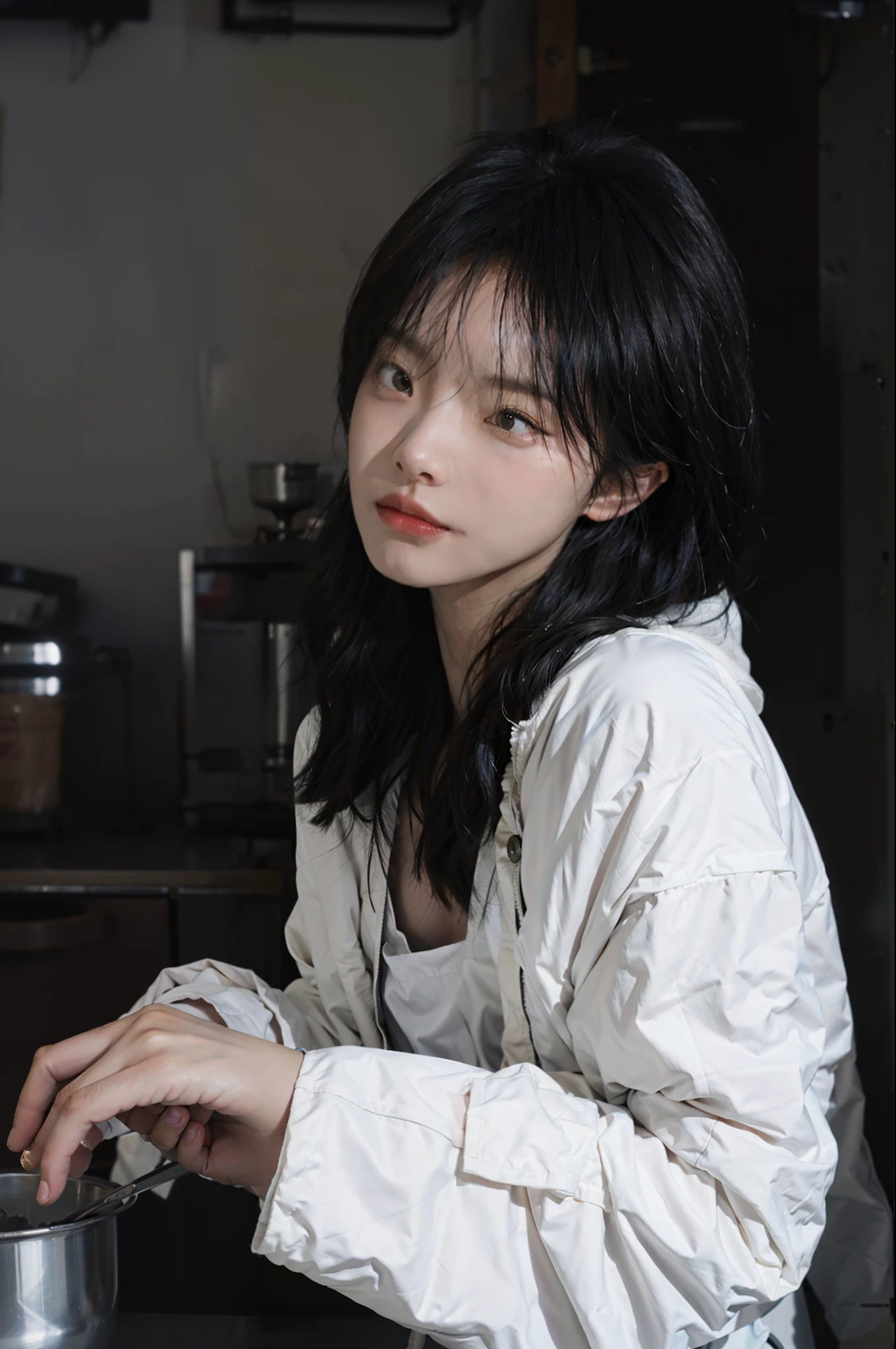 8K,best qualtiy,tmasterpiece,超高分辨率,(真实感:1.6),RAW photogr,(True skin texture:1.3),(filmgrain:1.3),(Side shooting angle),1个Giant Breast Girl,Beautiful eye and face details,tmasterpiece,Best quality at best,closeup cleavage,raincoat,In a kitchen,
