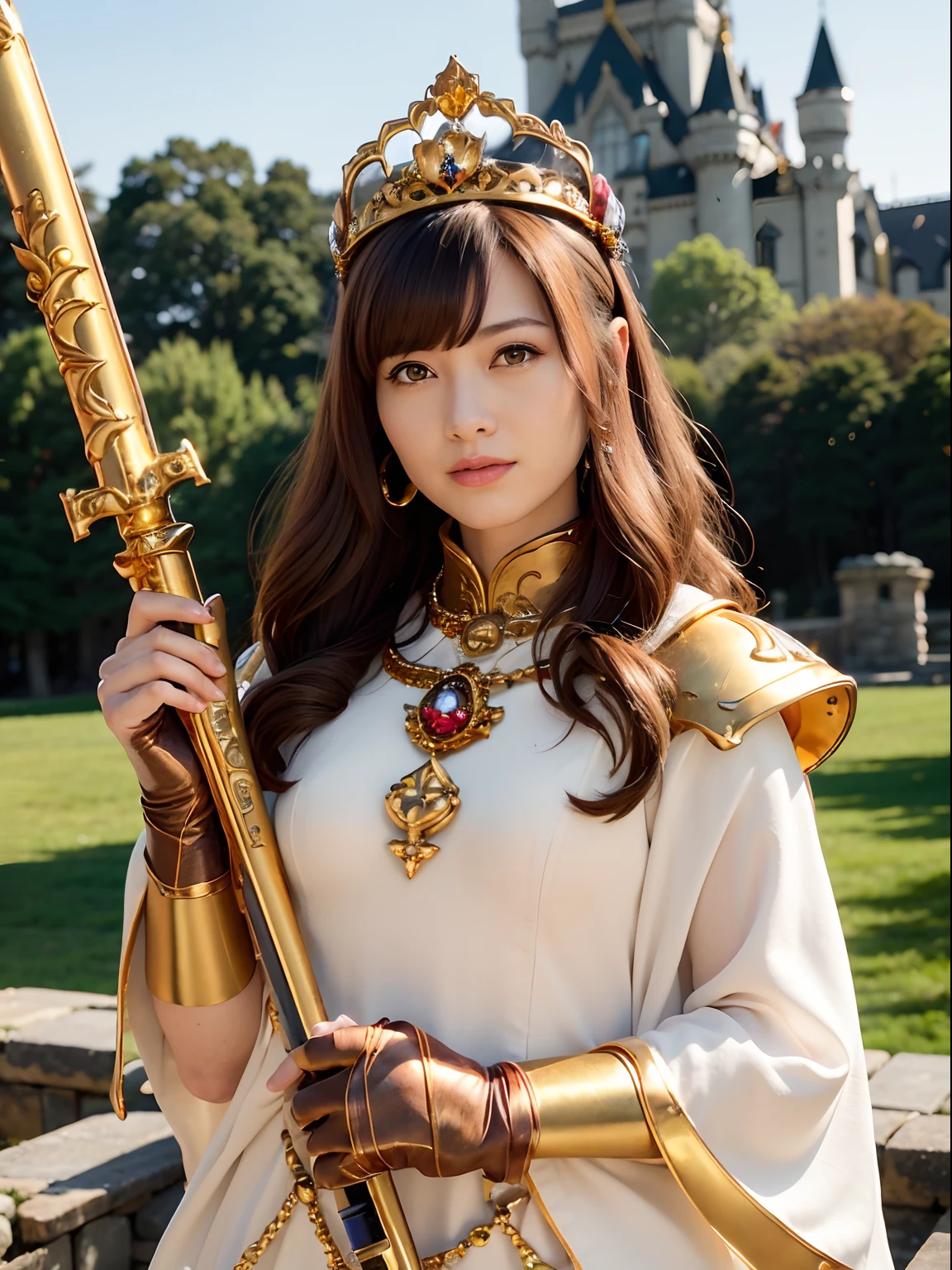 (masutepiece), Professional , masterpiece、top-quality、photos realistic , depth of fields (Gemstone Silver Metal Body:1.9),(Matte yellow、Jewel Gold Weapon、(Gorgeous castle background)、(Jewel Metal Body:1.4),Gorgeous Jewel Metal Weapons , Detailed Sword of the Brave ,( Soldier background in metal armor) ,warhammer 40k , adepta sororitas,Detail and ornate jewel crown、独奏、Brown hair、(Gangle's forest background)、Beautiful Caucasian beauty、1a person、dynamic ungle,(((Diamond tiara with detail and luxury)))、a small face、A smile、Powerful poses、(Gorgeous castle background)、huge filesize、20 year old beautiful woman、Stand in the center of the screen、Thin female fingers、Straight long hair、Beautiful Caucasian beauty、