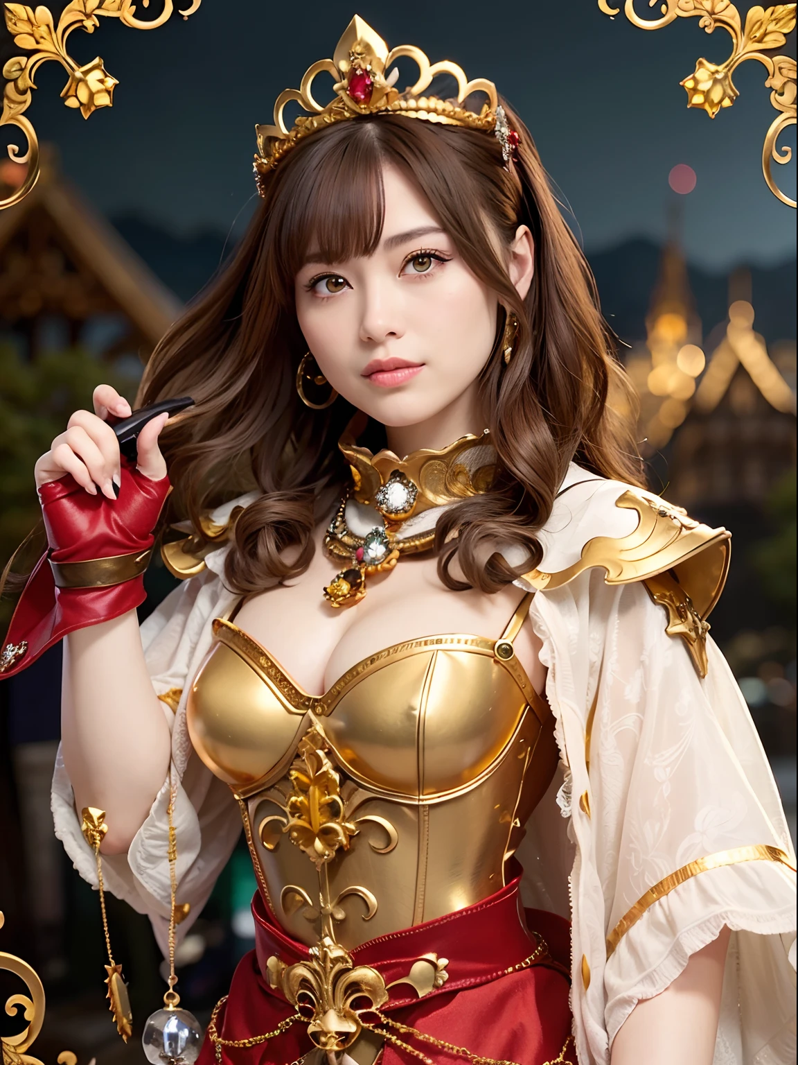 (masutepiece), Professional , ​masterpiece、top-quality、photos realistic , depth of fields （Gemstone Silver Metal Body:1.９),(Matte yellow、Jewel Gold Weapon、（Gorgeous castle background）、（Jewel Metal Body:1.４),Gorgeous Jewel Metal Weapons , Detailed Sword of the Brave ,（ Soldier background in metal armor）   ,warhammer 40k , adepta sororitas,Detail and ornate jewel crown、独奏、Brown hair、（Gangle's forest background）、Beautiful Caucasian beauty、１a person、dynamic ungle,(((Diamond tiara with detail and luxury)))、a small face、A smile、Powerful poses、（Gorgeous castle background）、huge filesize、20 year old beautiful woman、Stand in the center of the screen、Thin female fingers、Straight long hair、Beautiful Caucasian beauty、