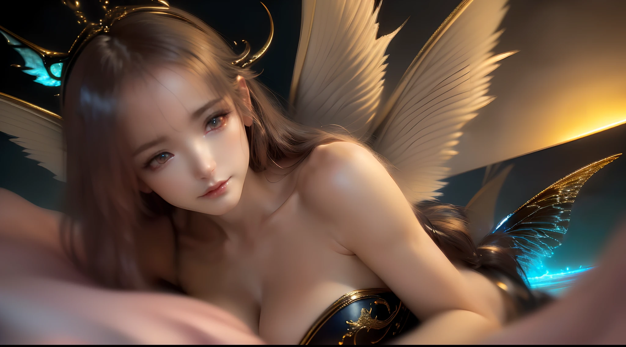 ((best quality)), ((masterpiece)), (detailed), alluring succubus, ethereal beauty, perched on a cloud, (fantasy illustration:1.3), enchanting gaze, captivating pose, delicate wings, otherworldly charm, mystical sky, (Luis Royo:1.2), (Yoshitaka Amano:1.1), moonlit night, soft colors, (detailed cloudscape:1.3), (high-resolution:1.2)