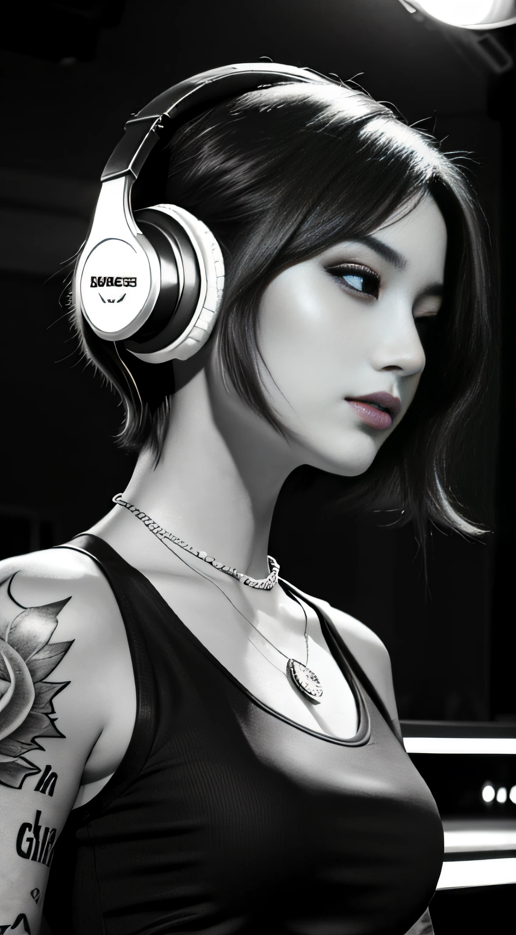 Best quality, Masterpiece, Ultra High resolution, (fidelity :1.4), (B&W:1.3), Professional, photography, color photography, 1 girl, Disco bar, girl with headphones, DJing in bar, upper body, female DJ, Looking at the crowd, DJ, DJ machine, DJ machine, Stage light, (buzz cut:1.1), (Tattoo :1.1), Happy, dynamic, Gucci, Versace, cool, necklace, view