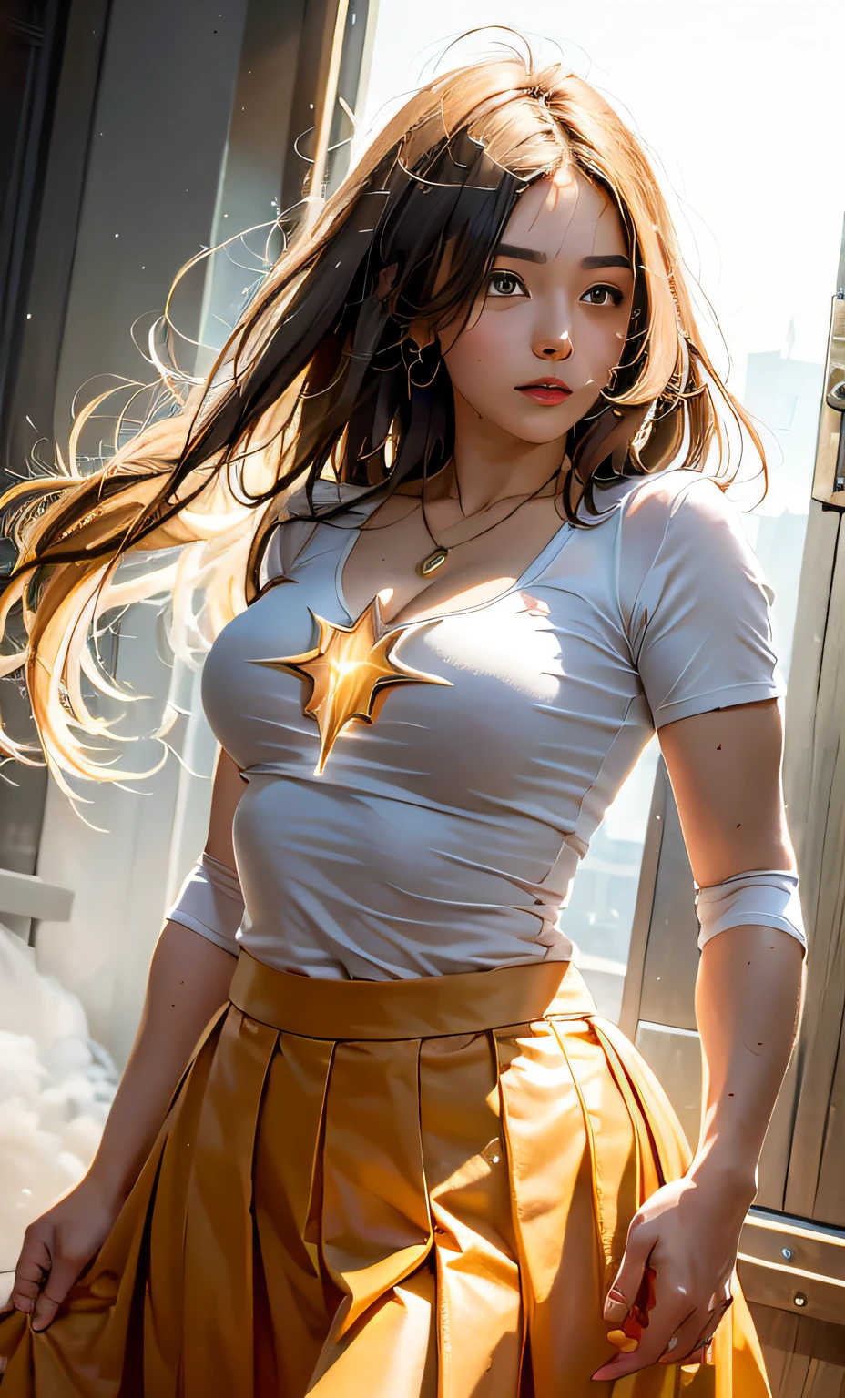 masterpiece, best quality, movie still, 1girl, cloud girl, golden bra, golden leggings, floating in the sky, close-up, bright, happy, warm soft lighting, sunset