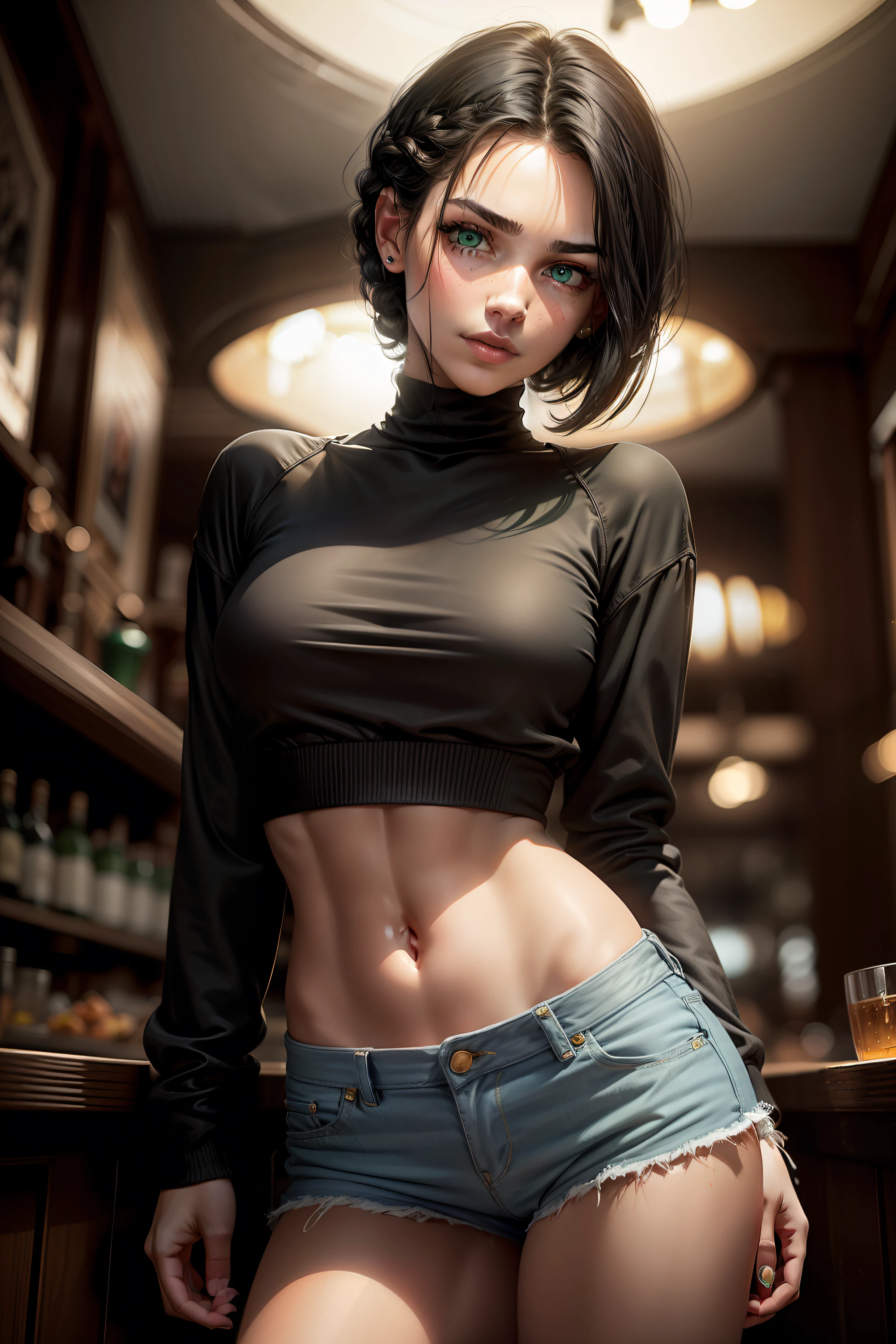 (masterpiece, best quality), 1girl, 18 year old, (caucasian), ((perfect lips)), ((perfect nose)), (((perfect fingers))), (((perfect eyes))),(((black hair, short hair, straight hair, small braid in her hair))), ((emerald green eyes)), six pack abs, open belly, (wearing white high neck top and low rise jeans), standing near bar table, (background of bar), ((shy)), (Pose: shy look, looking at the camera)