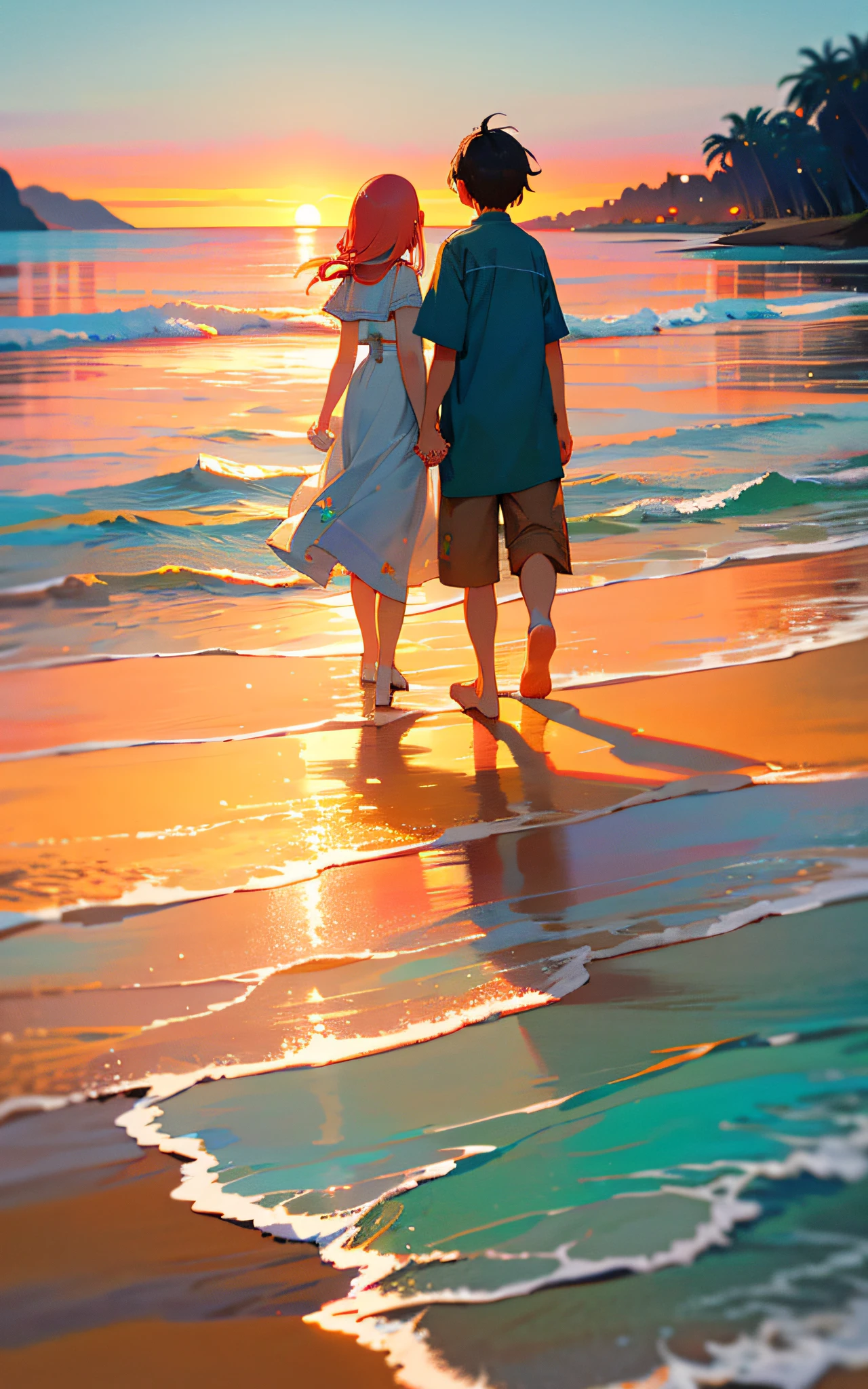 (sea:1.1)(unset by the sea), two people sitting on the back of the beach They hold hands The girl has flowers in her hand The boy looks down at her dotingly(requirements:a warm color palette
