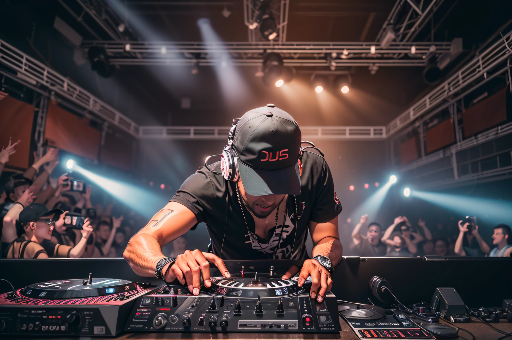 Photograph capturing the dynamic essence of a skilled DJ, vibrant energy, captivating performance, pulsating beats, infectious rhythm, intense lighting, energetic crowd, electric atmosphere.