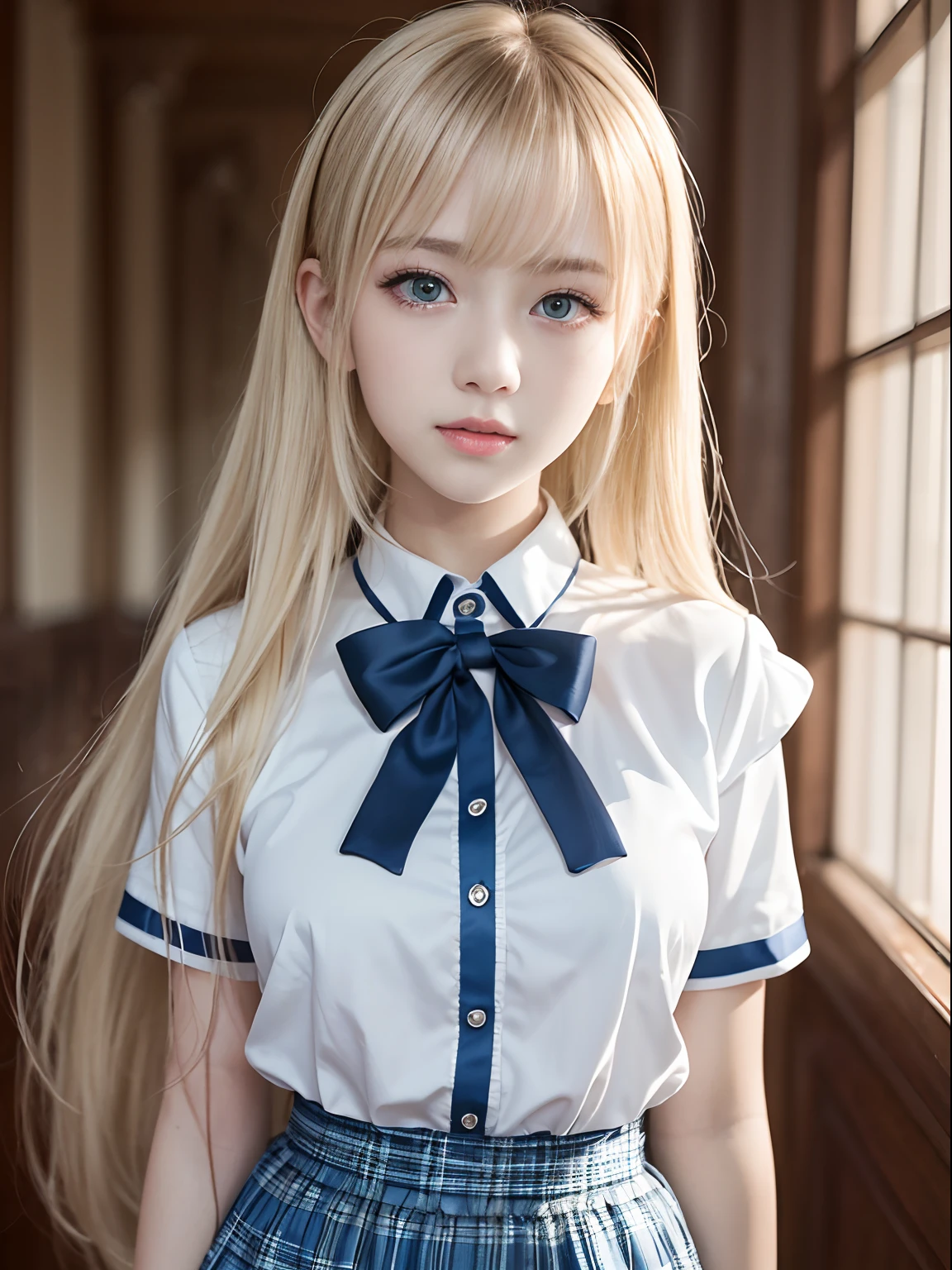 portlate、School Uniforms、bright expression、poneyTail、Young shiny shiny white shiny skin、Best Looks、Blonde reflected light、Platinum blonde hair with dazzling highlights、shiny light hair,、Super long silky straight hair、Beautiful bangs that shine、Glowing crystal clear attractive big blue eyes、Very beautiful nice cute 16 year old girl、Lush bust