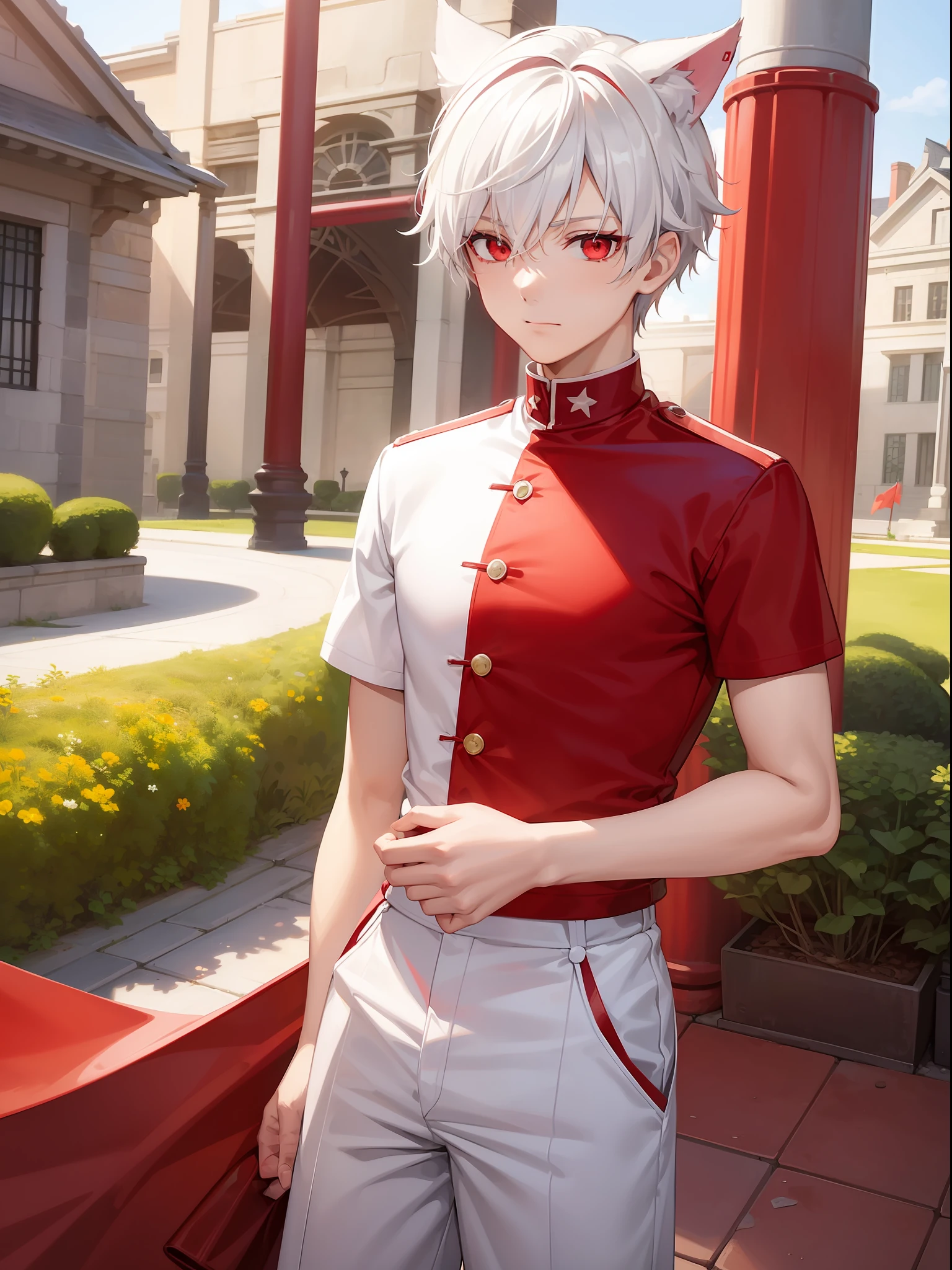 1boy, white hair, red eyes, cat ears, Red and white t-shirt, long pants, red and white flag, outside the field, excited, standing, Holding the red white flag, masterpiece,best quality, highres, HD, detailed, Raw, Sunny, fotograph, 8k, 25 years old, Indonesian,
