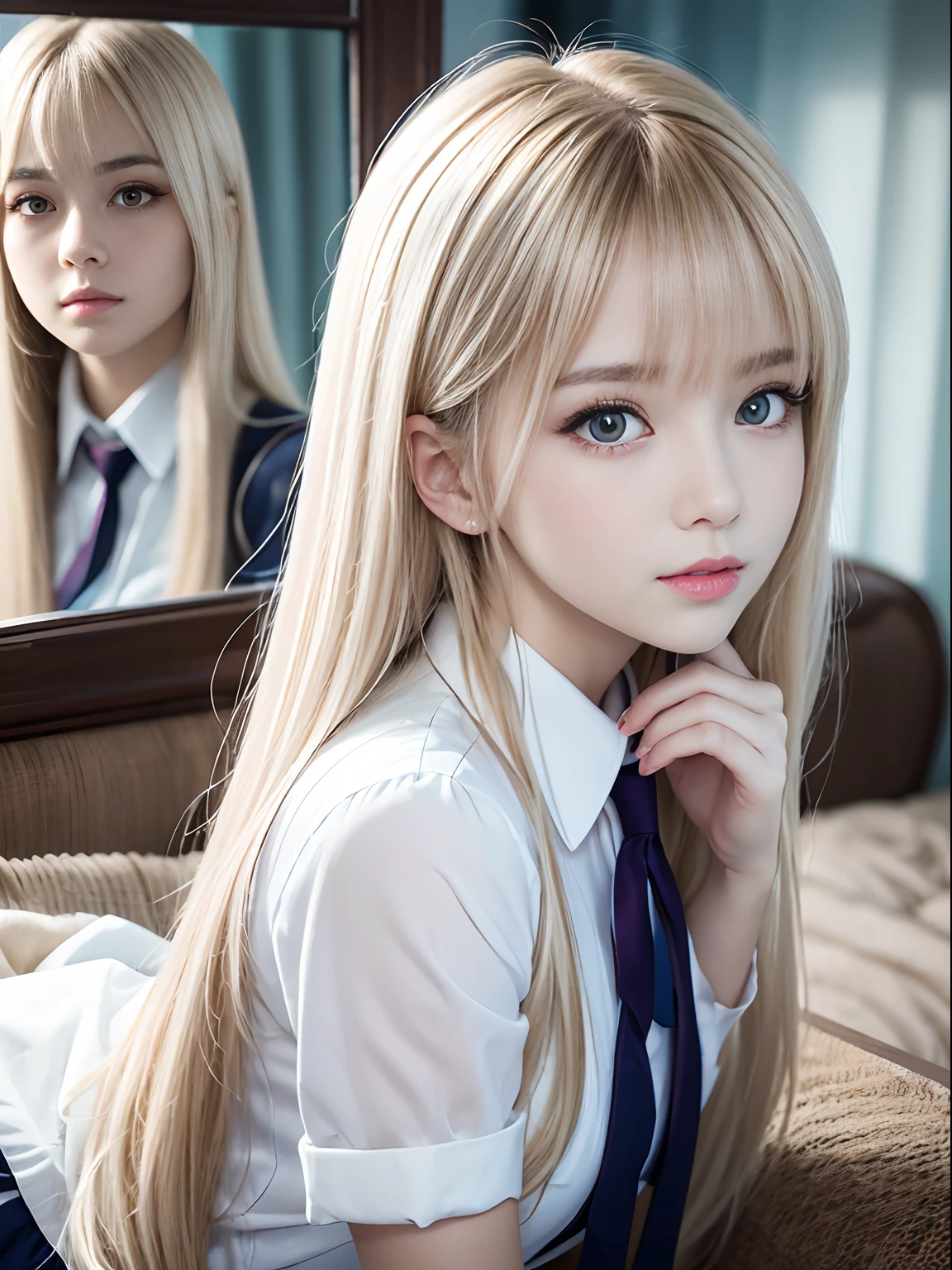 portlate、School Uniforms、bright expression、Young shiny shiny white shiny skin、Best Looks、Blonde reflected light、Platinum blonde hair with dazzling highlights、shiny light hair,、Super long silky straight hair、Beautiful bangs that shine、Glowing crystal clear attractive big blue eyes、Very beautiful nice cute 16 year old girl、Lush bust、