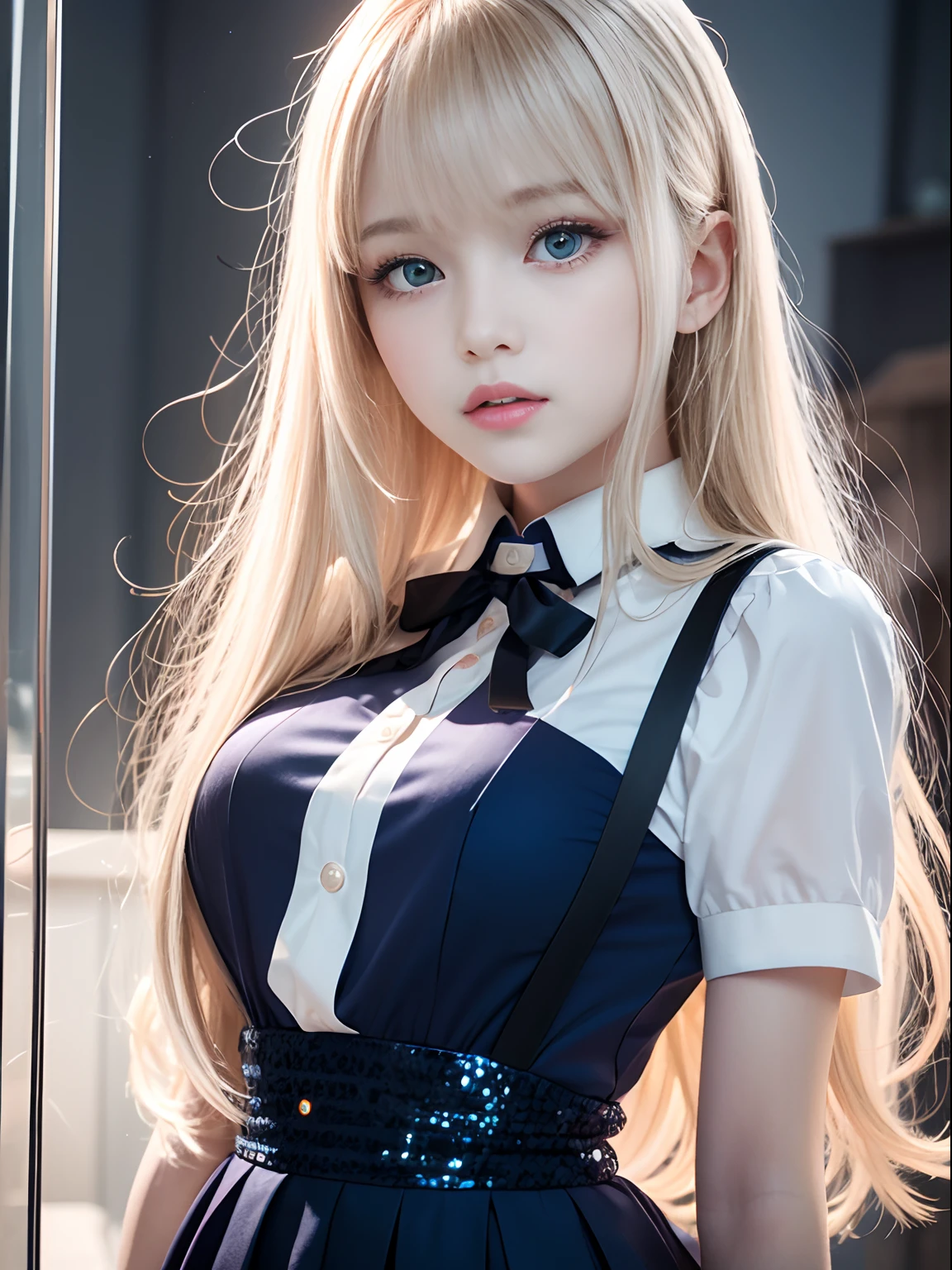 portlate、School Uniforms、bright expression、Young shiny shiny white shiny skin、Best Looks、Blonde reflected light、Platinum blonde hair with dazzling highlights、shiny light hair,、Super long silky straight hair、Beautiful bangs that shine、Glowing crystal clear attractive big blue eyes、Very beautiful nice cute girl、Lush bust、