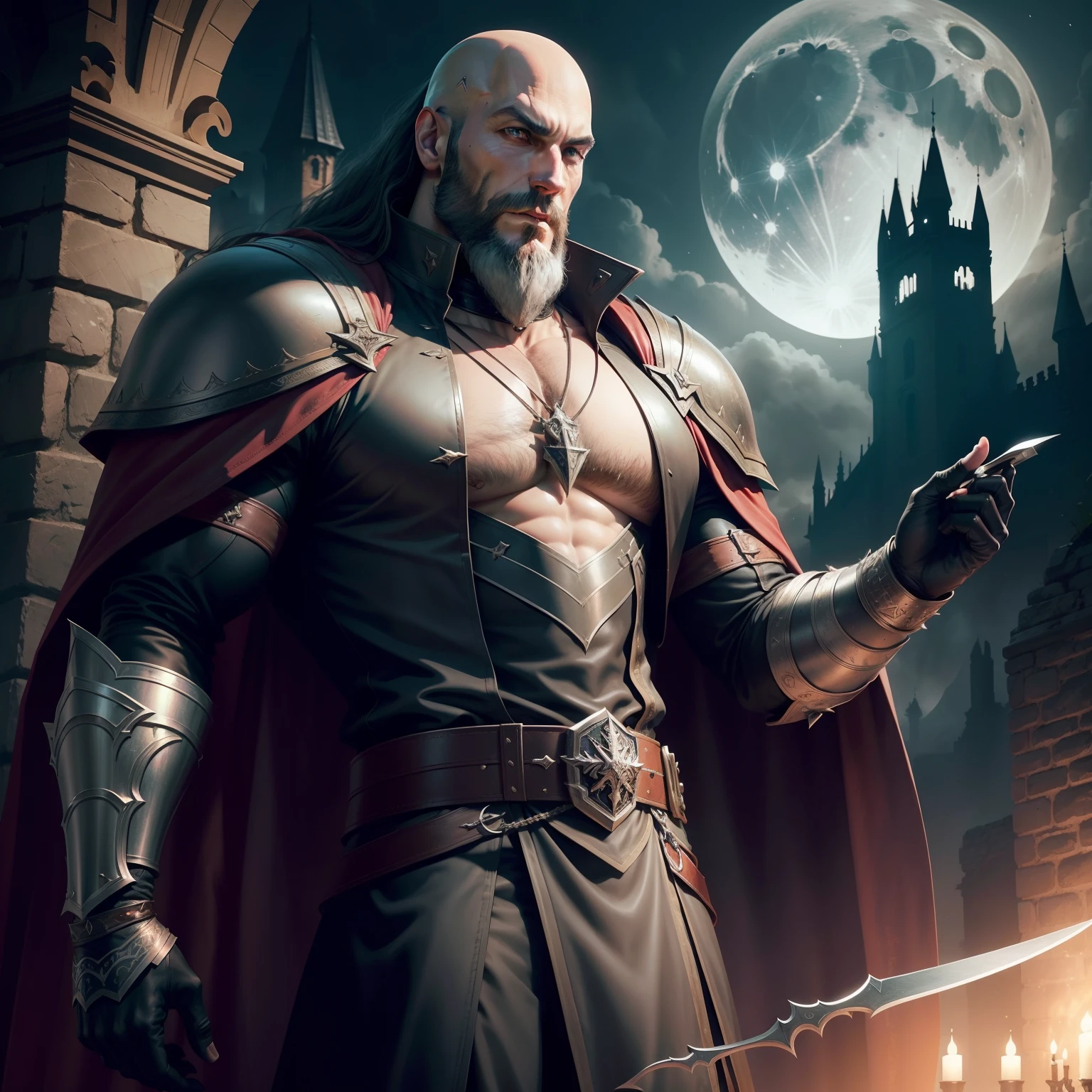 Handsome Castlevania Lord of the shadows bald beard muscular handsome warrior leather outfit Wear covers whole body Moon behind very Beautiful environnement hyper realistic super detailed