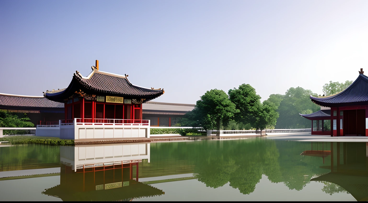 There is a small pond in the middle of the yard, Beautiful rendering of the Tang Dynasty, Ancient Chinese architecture, Chinese architecture, dreamy Chinese towns, Tang Dynasty Palace, cyberpunk chinese ancient castle, inspired by Zhang Sengyao, film Silk Road landscape, Chinese palaces, Render in Unreal Engine 5, chinese temple, rendered in rtx, rendered in povray, Chinese style buildings，rainy days