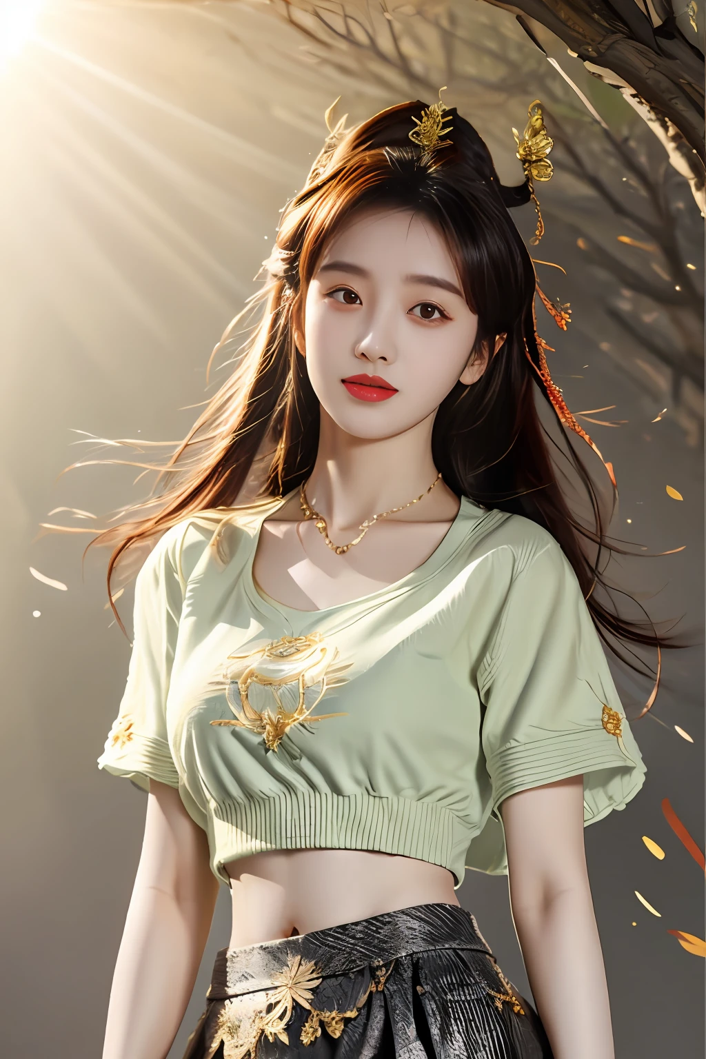tmasterpiece, Best quality at best, 1girll, from below, underboobs, mediuml breasts, short skirt, Collared shirt sweater,Crop tops, brunette color hair, 黑The eye,Chinese woman,Bottom-up perspective,streetview,rays of sunshine,