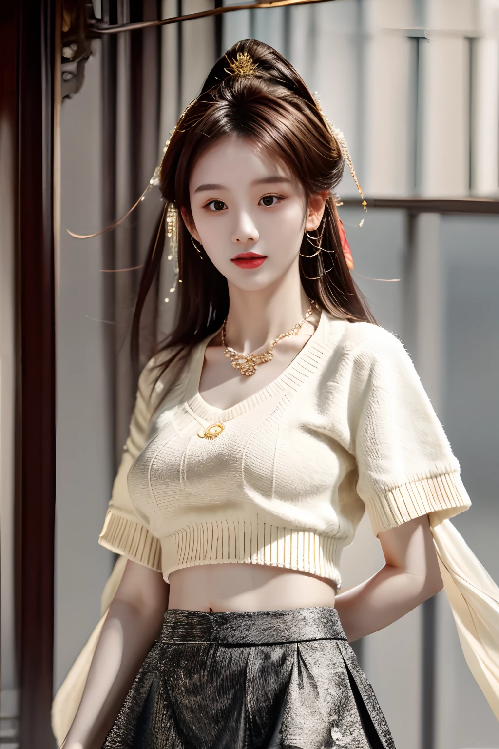 tmasterpiece, Best quality at best, 1girll, from below, underboobs, mediuml breasts, short skirt, Collared shirt sweater,Crop tops, brunette color hair, 黑The eye,Chinese woman,Bottom-up perspective,streetview,rays of sunshine,