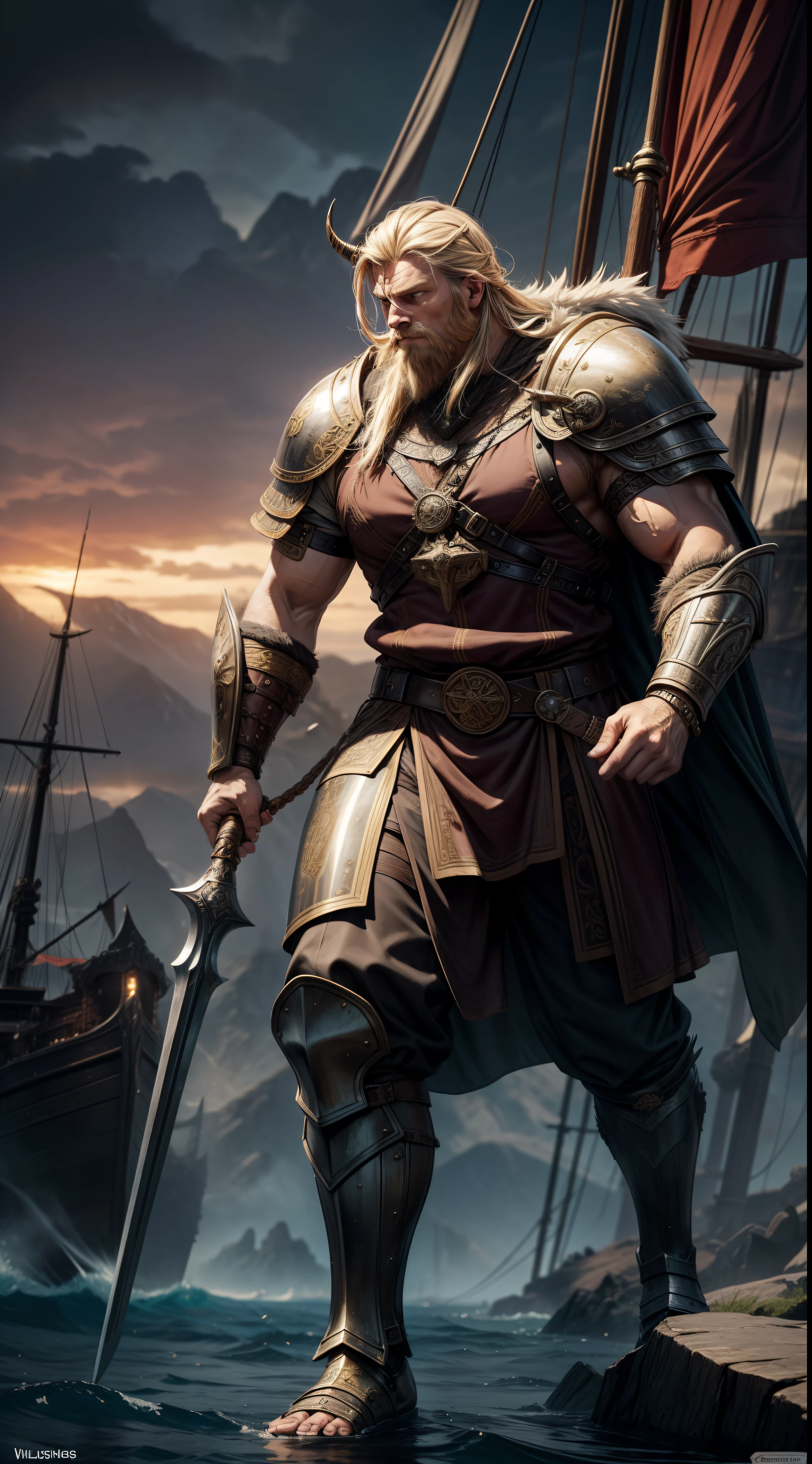 Imagine a dynamic composition portraying a larger-than-life Viking warrior, his heroic stance commanding attention. The warrior's golden sword, etched with intricate motifs, is held aloft in a determined grip, catching the eye with its radiant gleam. His rugged appearance is highlighted by battle-worn leather armor adorned with fur and metal accents, evoking a mix of steampunk aesthetics and medieval elegance. In the background, an ancient Norse ship rests on the shore, sails billowing in the wind. Draw inspiration from the artistic style of H.R. Giger, infusing a surrealistic touch into the scene. Use strong contrasts between light and shadow to create a dramatic ambiance, while employing a fish-eye lens to capture both the warrior's imposing presence and the ship's grandeur, (((masterpiece))), (cinematic), (high res)