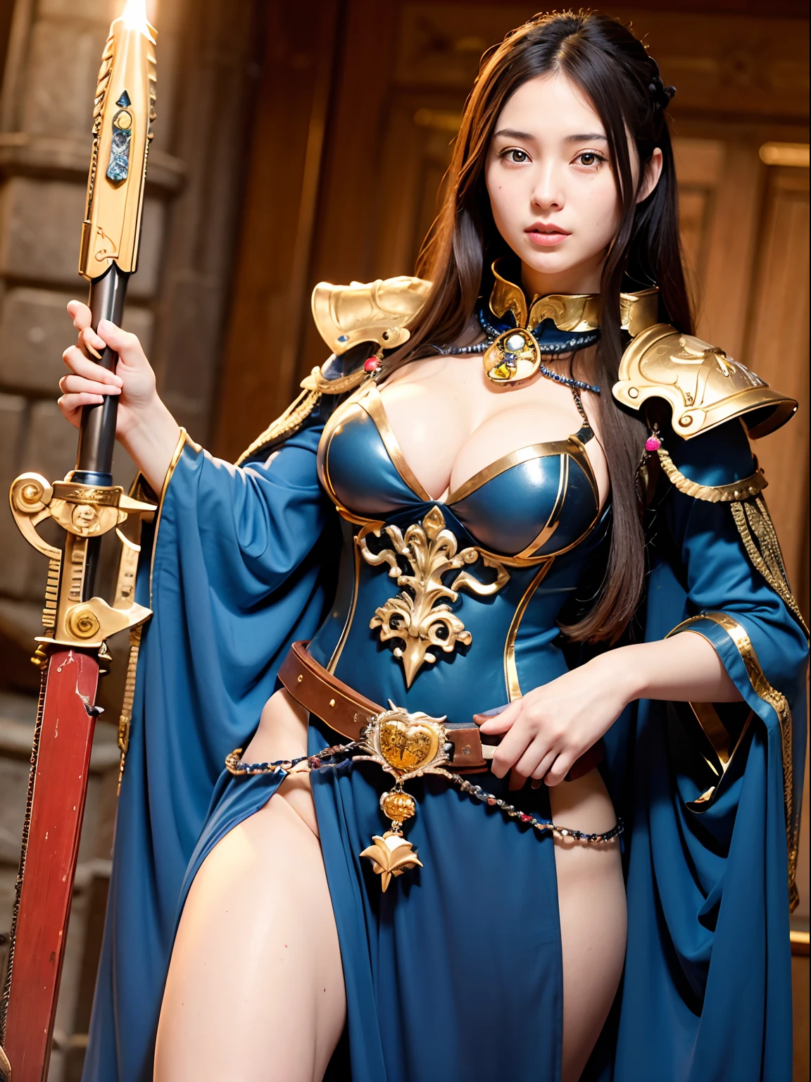 (masutepiece), Professional , ​masterpiece、top-quality、photos realistic , depth of fields （Gemstone Silver Metal Body:1.９),Background inside the castle、(Matte Blue、Jewel Gold Weapon（Jewel Metal Body:1.４),Young 20 year old girl、（Gorgeous metal weapons） , With the Sword of the Brave, Beautiful knife   ,warhammer 40k , adepta sororitas,(Brown hair),Detail and ornate jewel crown、Golden hair、Gangle's forest background、Beautiful Caucasian beauty、１a person、dynamic ungle,((()))、Smaller head、A smile、Powerful poses、Background inside the castle、Thin and beautiful female hands、Old ancient ruins、A smile、cleavage of the breast、（Light effects from weapons）、