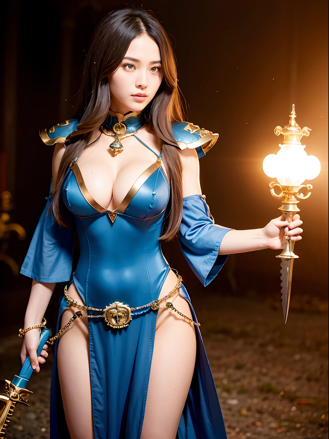 (masutepiece), Professional , masterpiece、top-quality、photos realistic , depth of fields (Gemstone Silver Metal Body:1.9),Background inside the castle、(Matte Blue、Jewel Gold Weapon(Jewel Metal Body:1.4),Young 20 year old girl、(Gorgeous metal weapons) , With the Sword of the Brave, Beautiful knife ,warhammer 40k , adepta sororitas,(Brown hair),Detail and ornate jewel crown、Golden hair、Gangle's forest background、Beautiful Caucasian beauty、1a person、dynamic ungle,((()))、Smaller head、A smile、Powerful poses、Background inside the castle、Thin and beautiful female hands、Old ancient ruins、A smile、cleavage of the breast、(Light effects from weapons)、