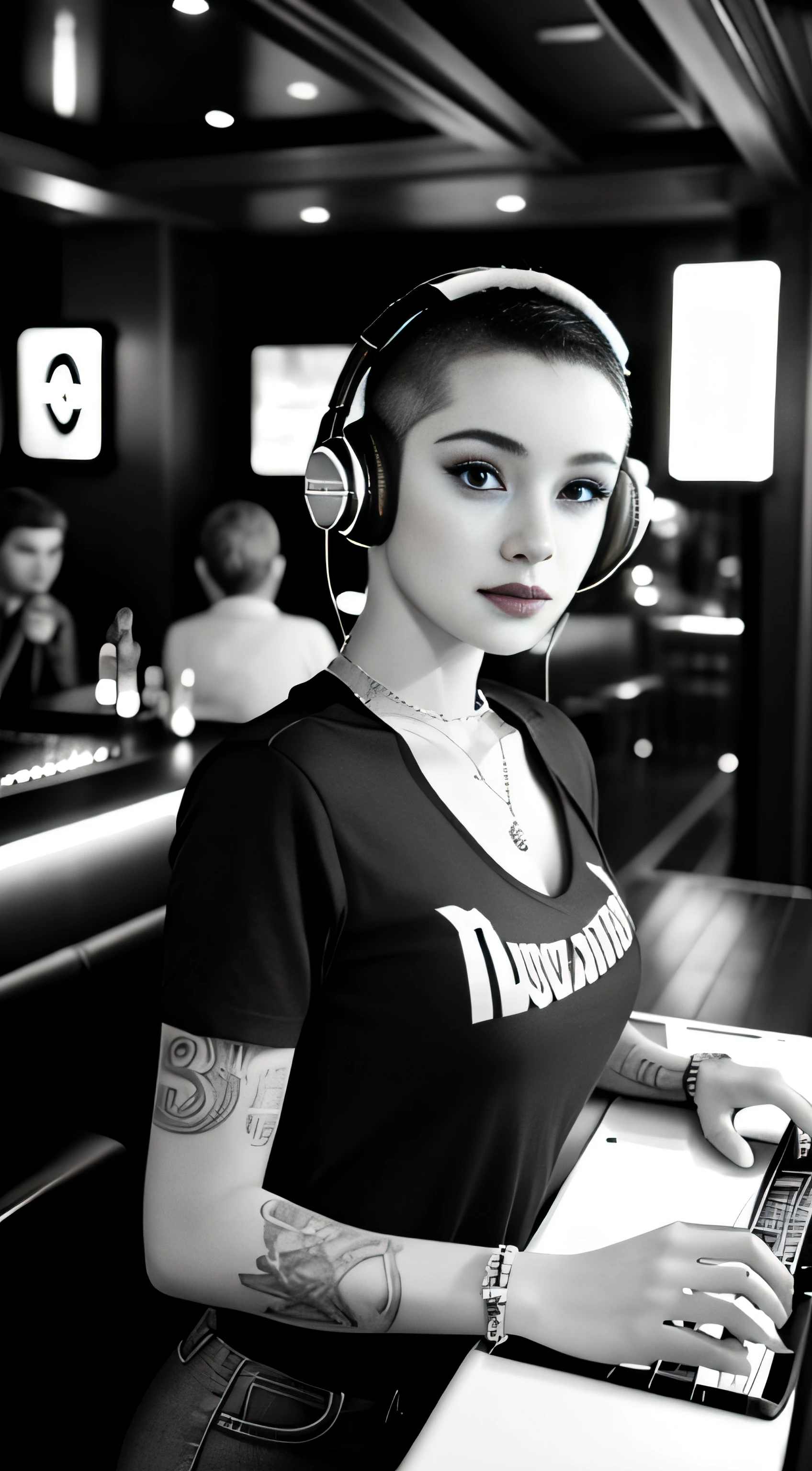 Best quality, Masterpiece, Ultra High resolution, (fidelity :1.4), (B&W:1.3), Professional, photography, color photography, 1 girl, Disco bar, girl with headphones, DJing in bar, upper body, female DJ, Looking at the crowd, DJ, DJ machine, DJ machine, Stage light, (buzz cut:1.1), (Tattoo :1.1), Happy, dynamic, Gucci, Versace, cool, necklace, view