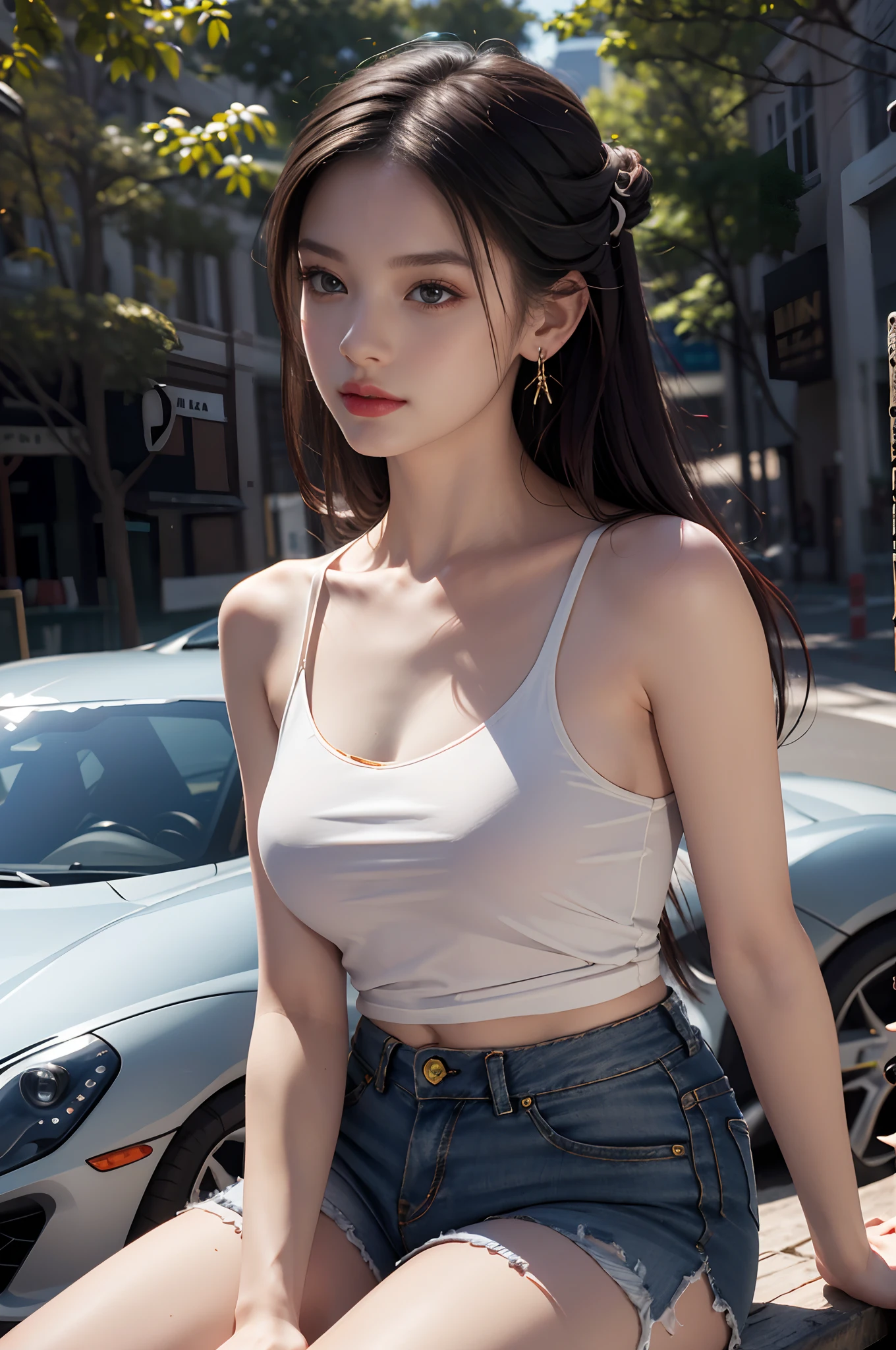 Best quality, masterpiece, super high resolution, (realistic: 1.4), original photo, (evening street), 1 girl, black eyes, looking at the audience, long hair, light makeup, lips, small ears, white t-shirt, denim shorts, earrings, sitting Ferrari, big breasts, slim