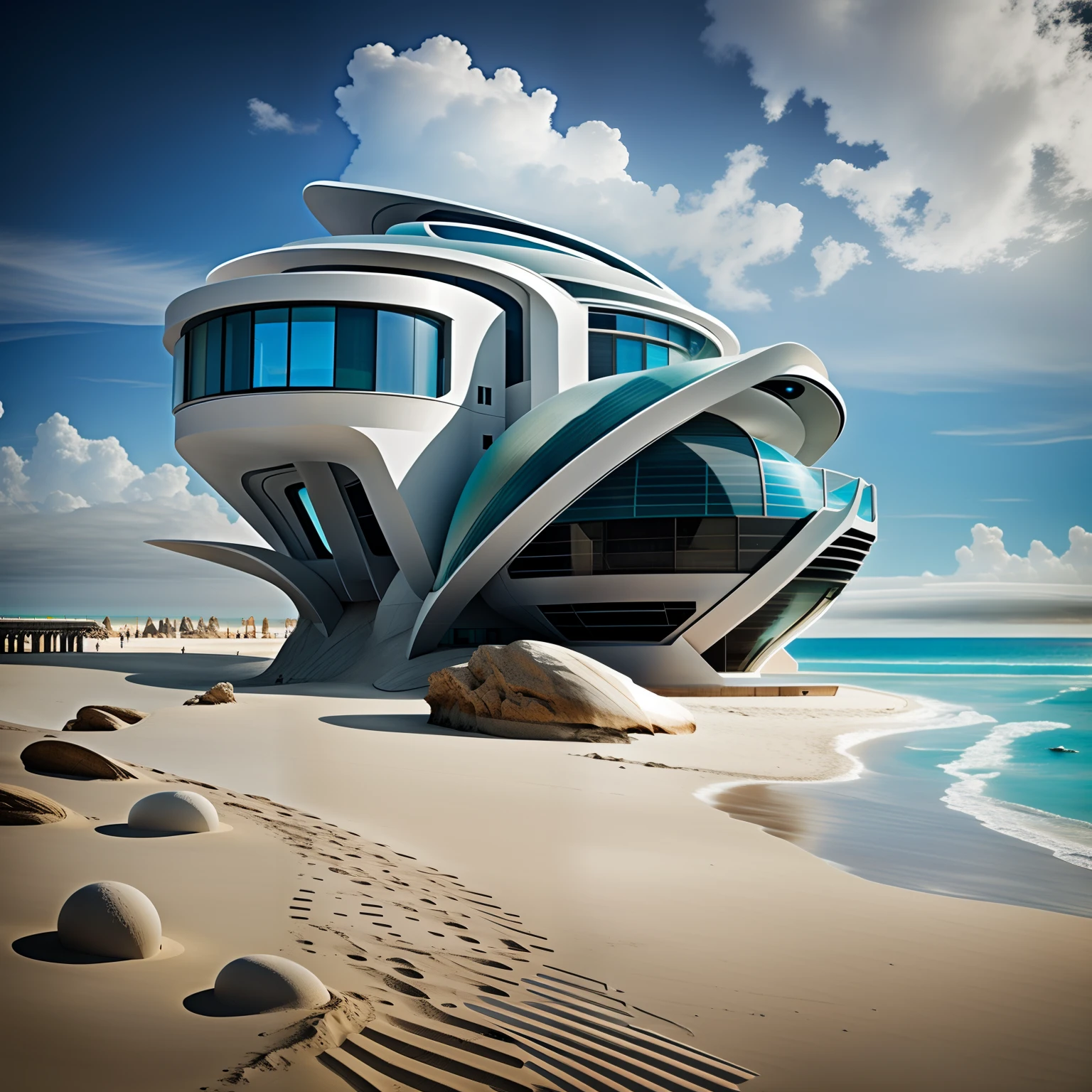 Futuristic beach architecture,large futuristic residence,Futuristic on the beach,Surreal sci-fi building